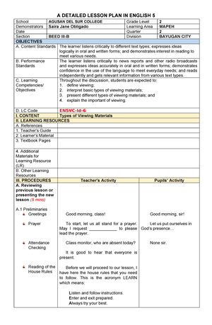 Deped NEW Detailed Lesson PLAN - I. OBJECTIVES A. Content Standard B ...