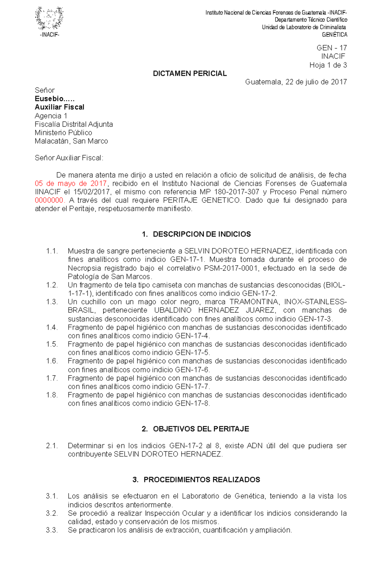 Dictamen Pericial - Instituto Nacional de Ciencias Forenses de ...