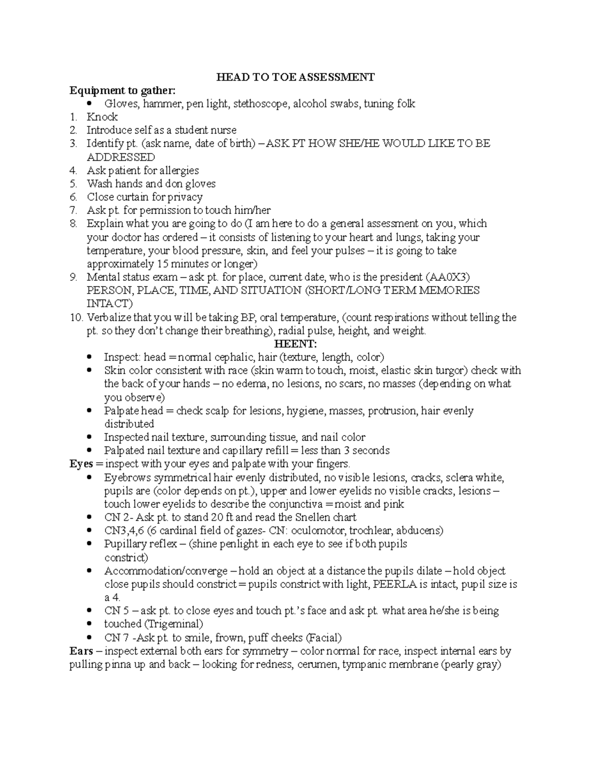 Head To Toe Assessment Script - HEAD TO TOE ASSESSMENT Equipment to ...
