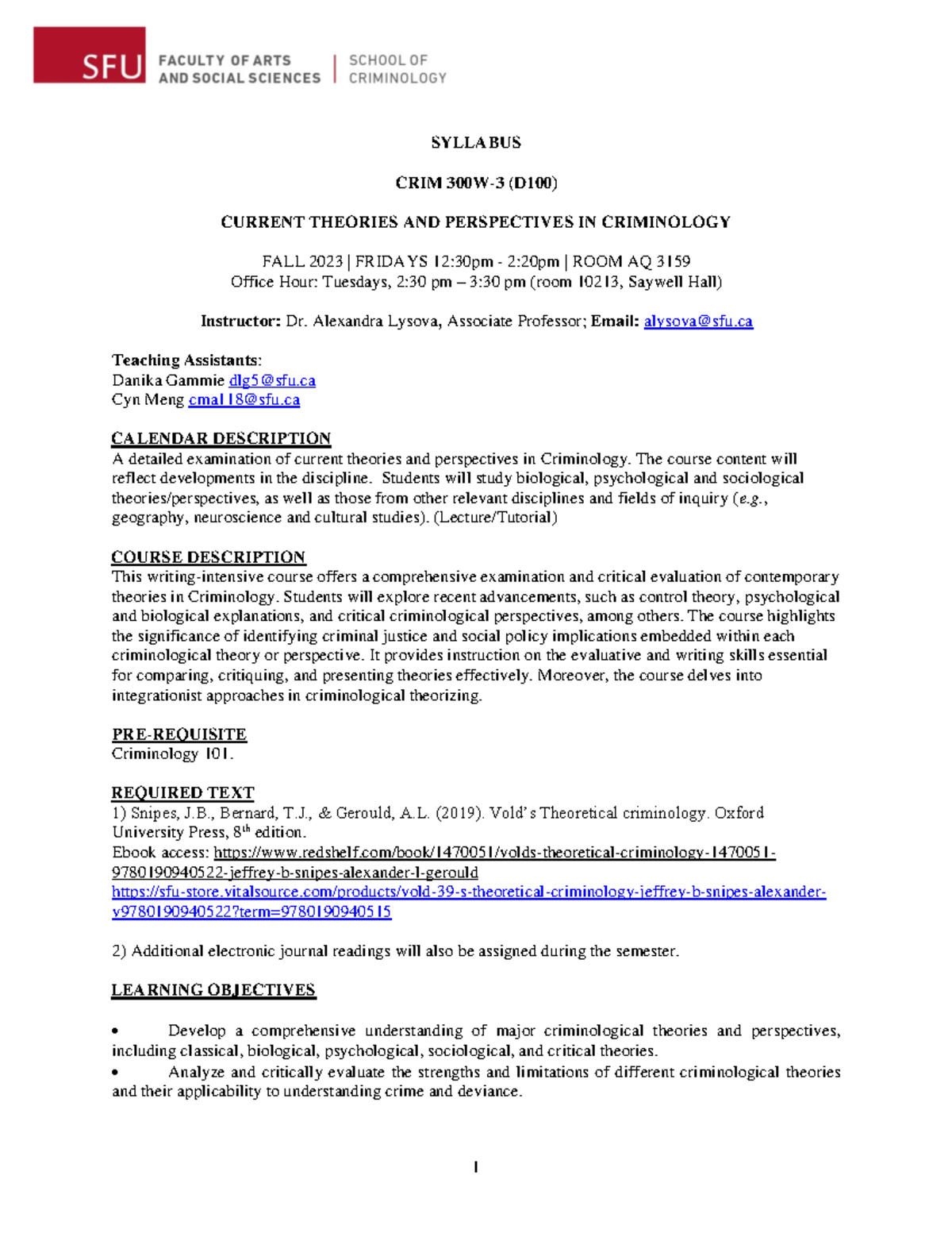 CRIM 330W Syllabus - SYLLABUS CRIM 300W-3 (D100) CURRENT THEORIES AND ...