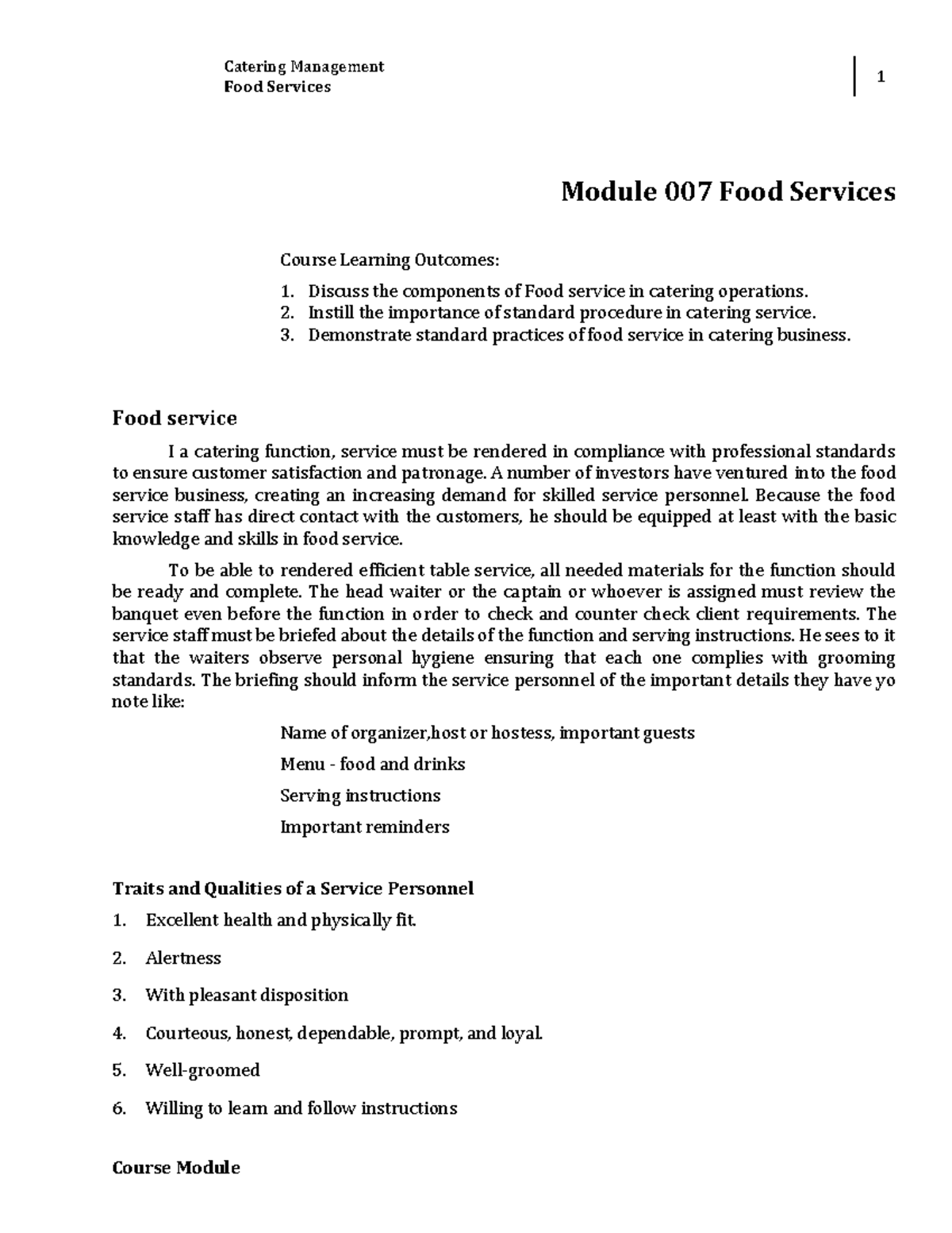 Food Services - for hms - Catering Management Food Services 1 Course ...