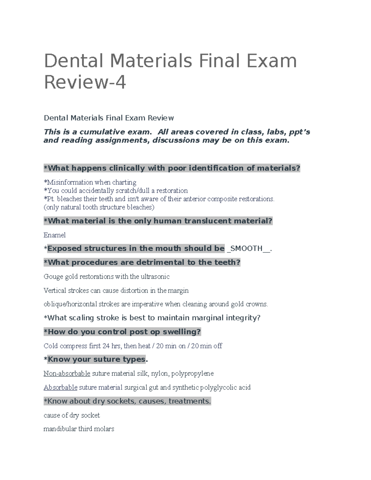 Dental Materials Final Exam Review Dental Materials Final Exam Review Dental Materials Final