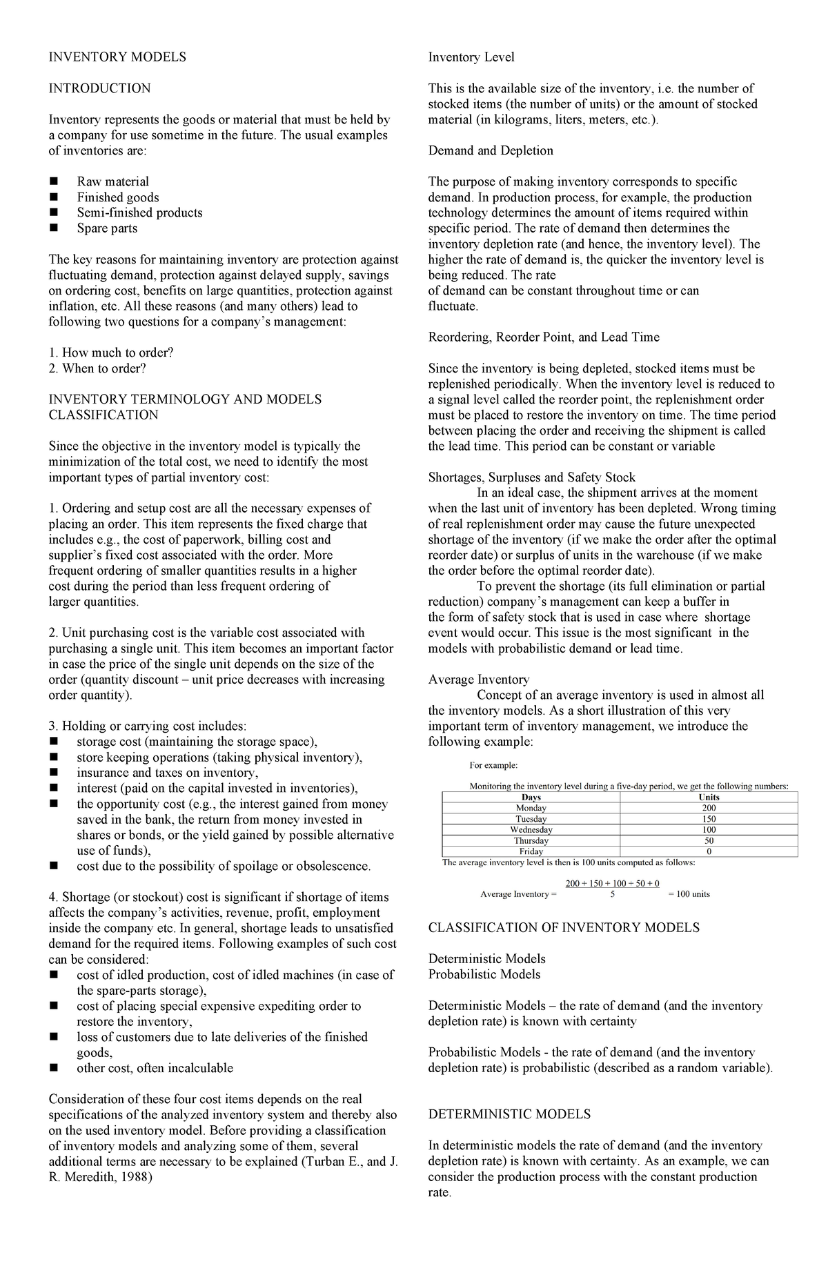 Inventory- Models - Reviewer - INVENTORY MODELS INTRODUCTION Inventory ...