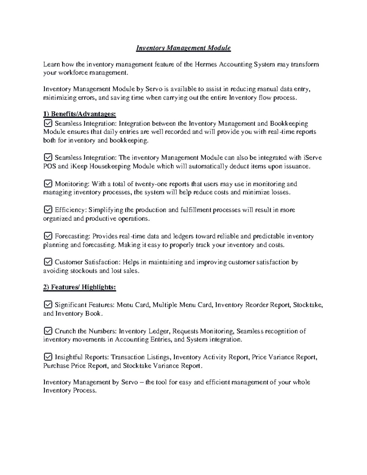 Inventory M a n a gement Module Key Fe a tures - Inventory Management ...
