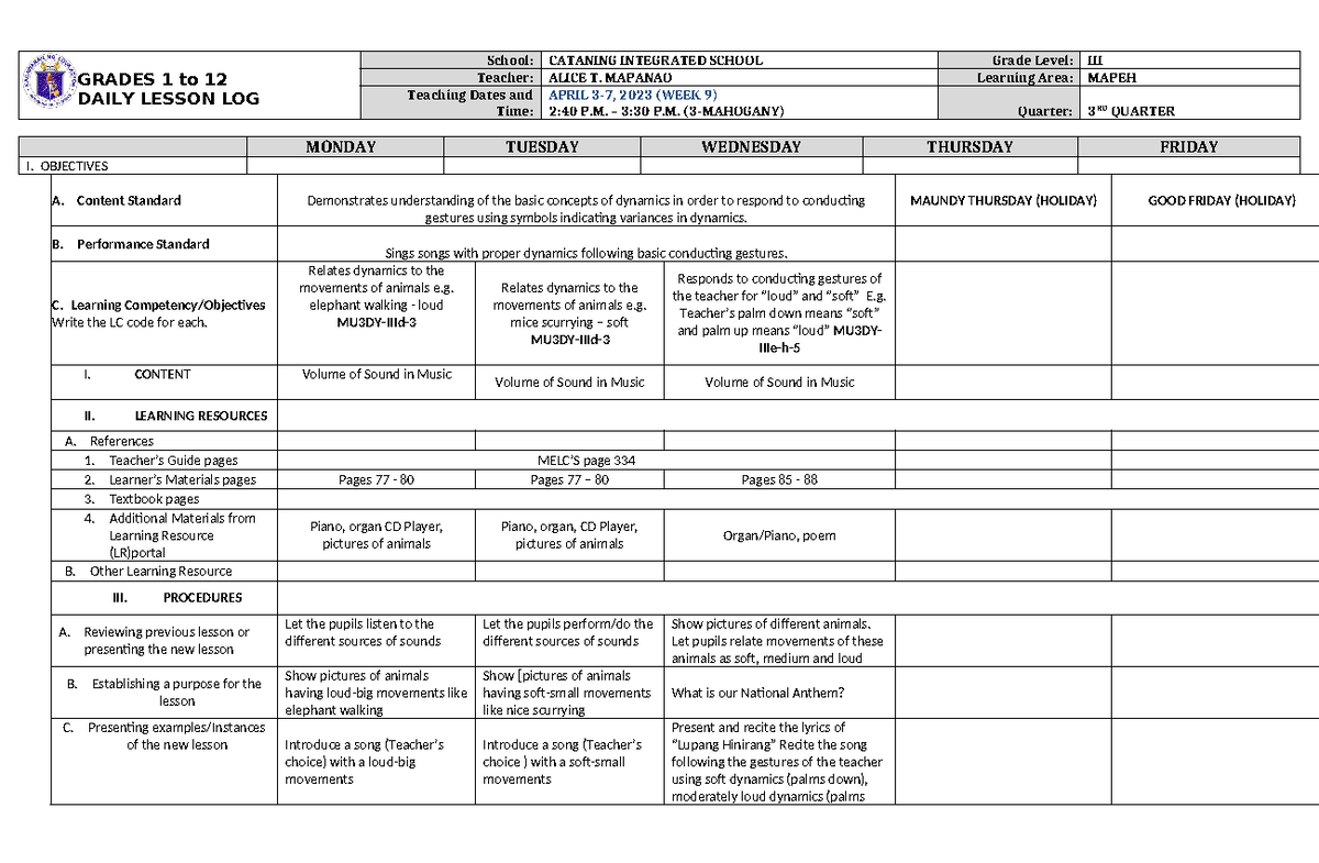 DLL Mapeh 3 Q3 W9 - DLL - GRADES 1 to 12 DAILY LESSON LOG School ...