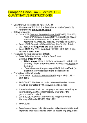 Lecture 15 - quantitative restrictions - European Union Law