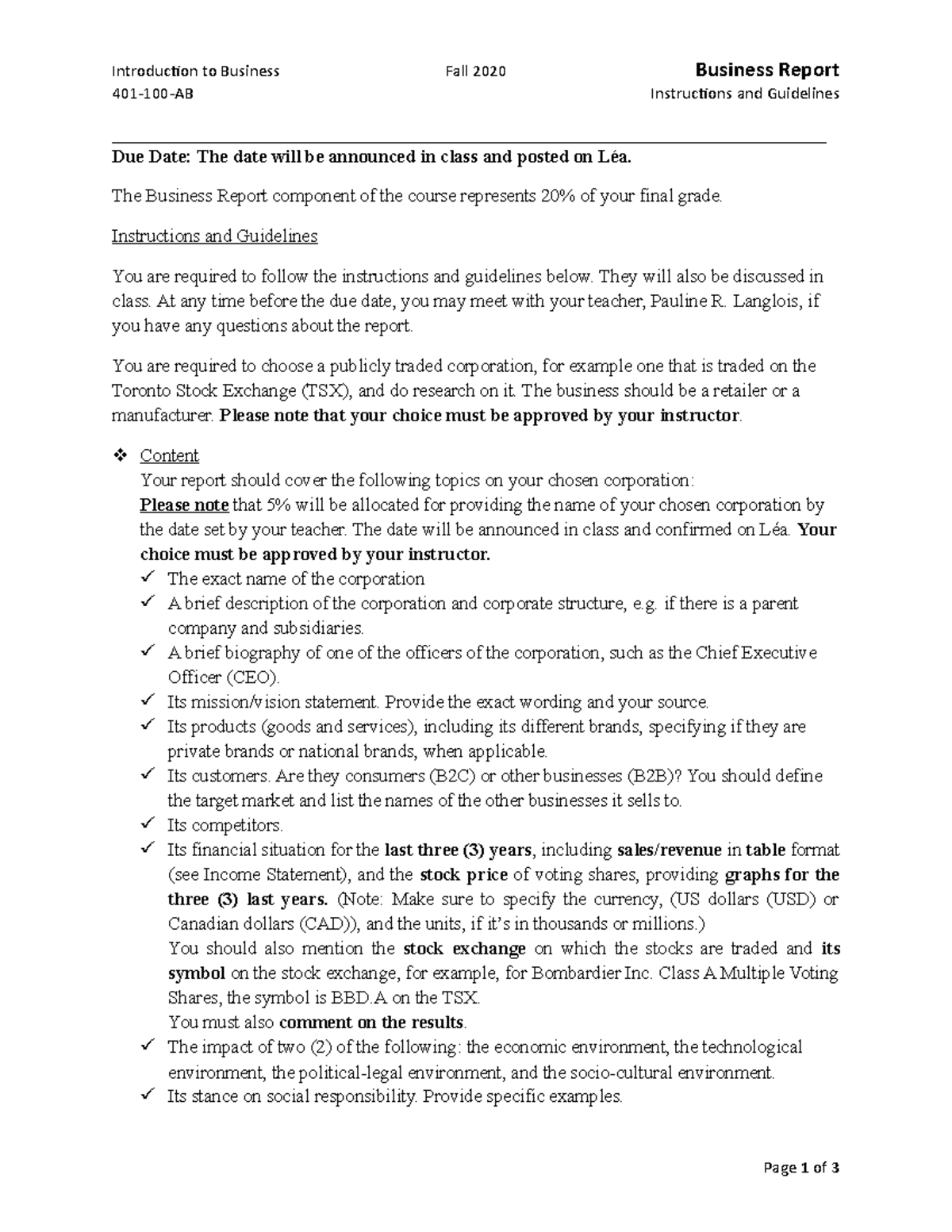 Introto Business Report Fall 2020Guidelines Section 4 - Introduction to ...
