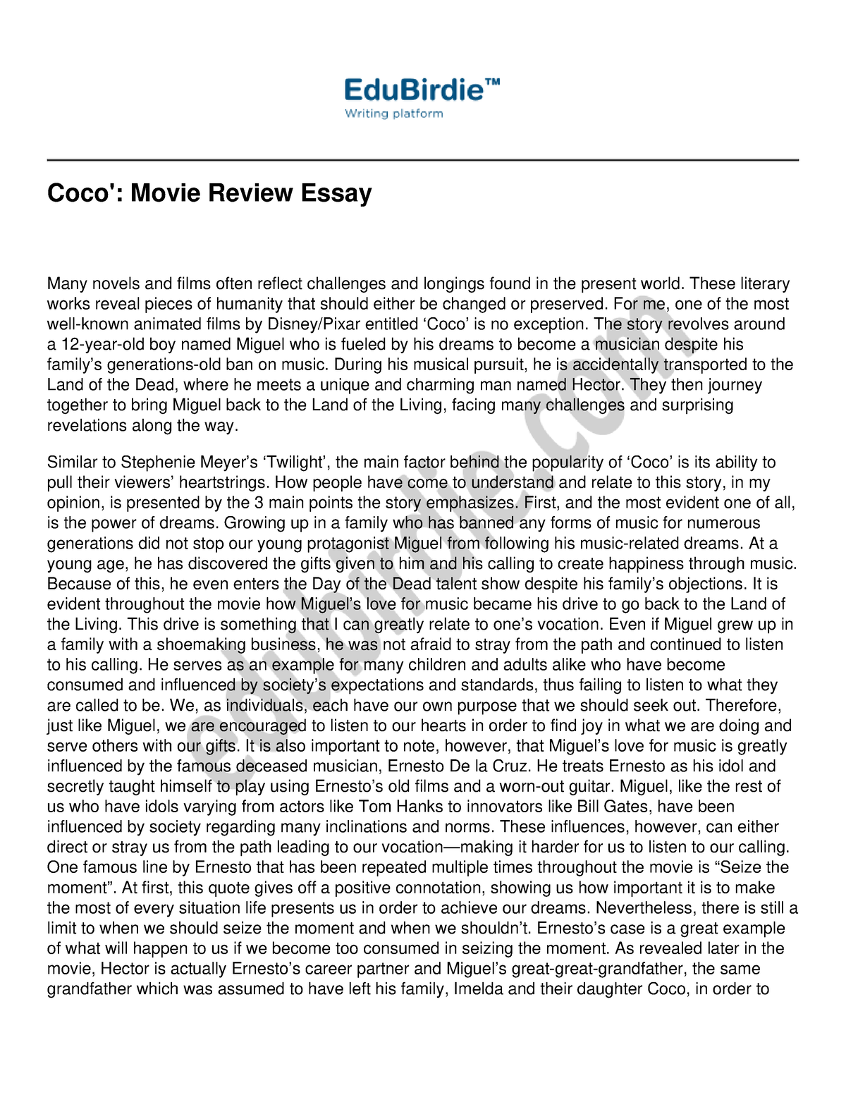 essay about the movie coco