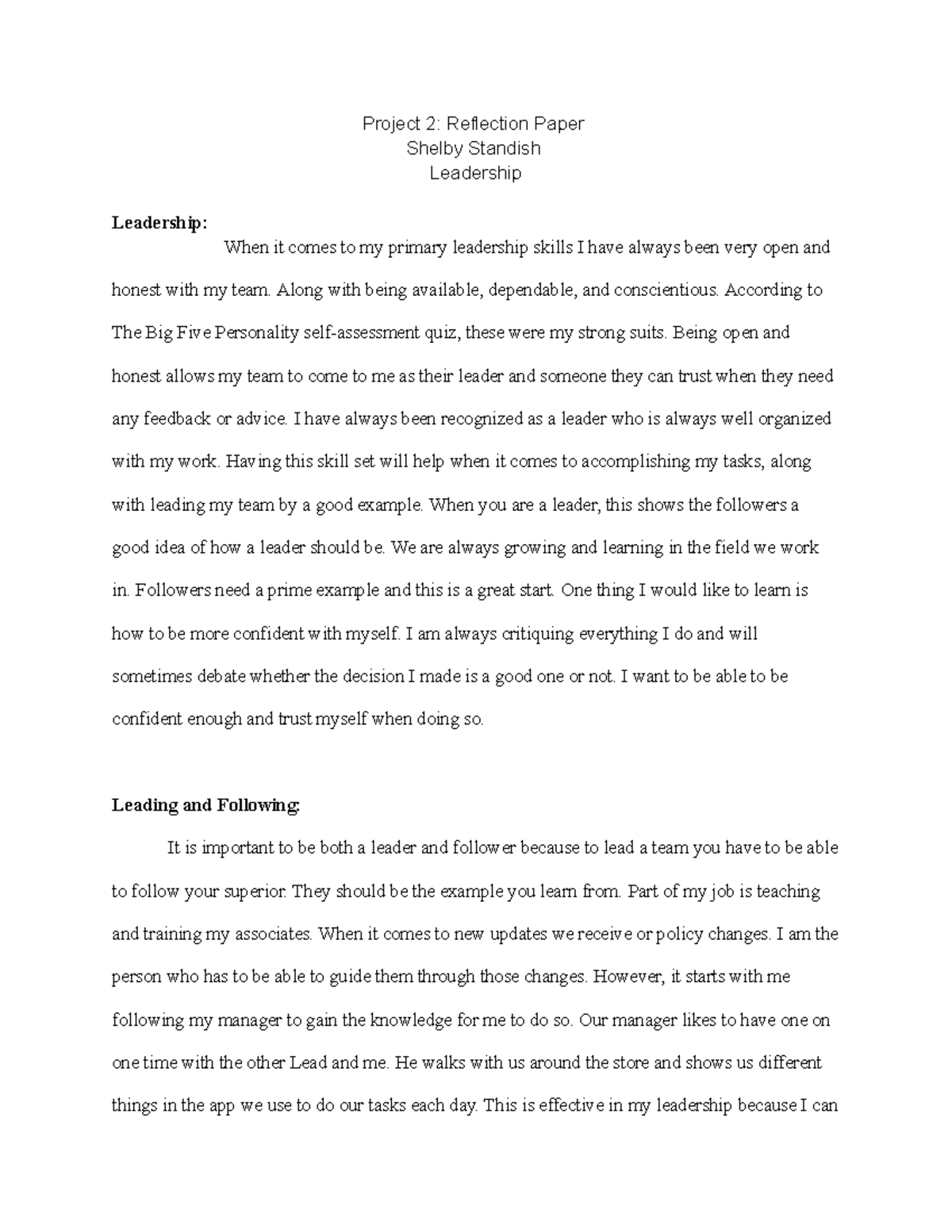 Project Two Reflective Paper on Leadership Style & Skills - For CH.docx -  SNHU BUS 210 Project Two: Reflective Paper on Leadership Style & Skills As  a