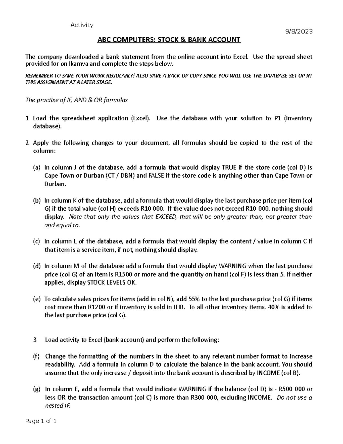 Activity P2 EXCEL Activity 9/8/ ABC COMPUTERS STOCK & BANK ACCOUNT