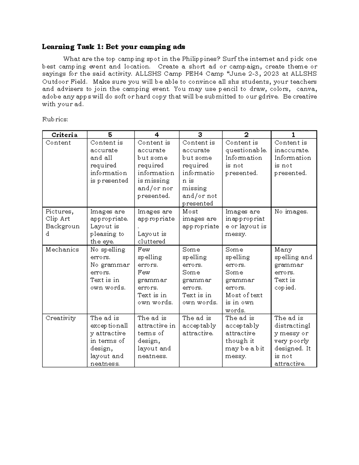 Poster NONE Learning Task 1 Bet your camping ads What are the top