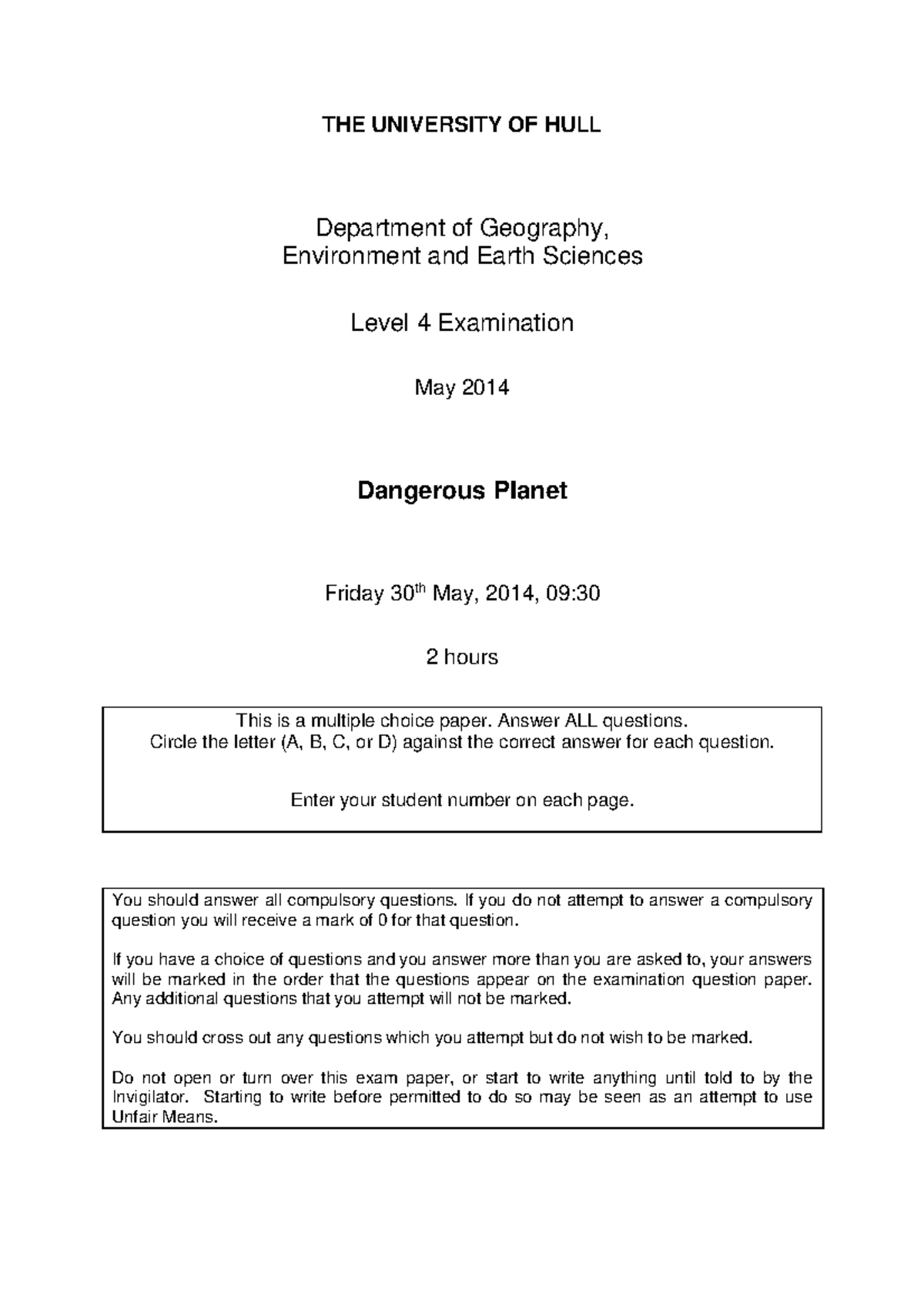 Dangerous Exam 2014 THE UNIVERSITY OF HULL Department of