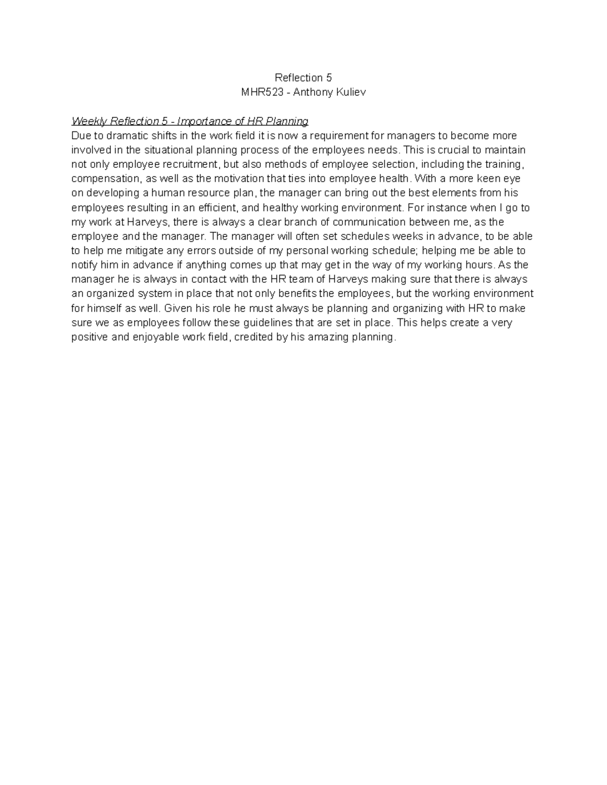 Reflection 5 - Base paper - Reflection 5 MHR523 - Anthony Kuliev Weekly ...