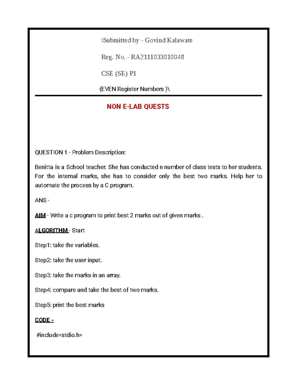 RA2111033010048 PPS NON E LAB Quests Studocu