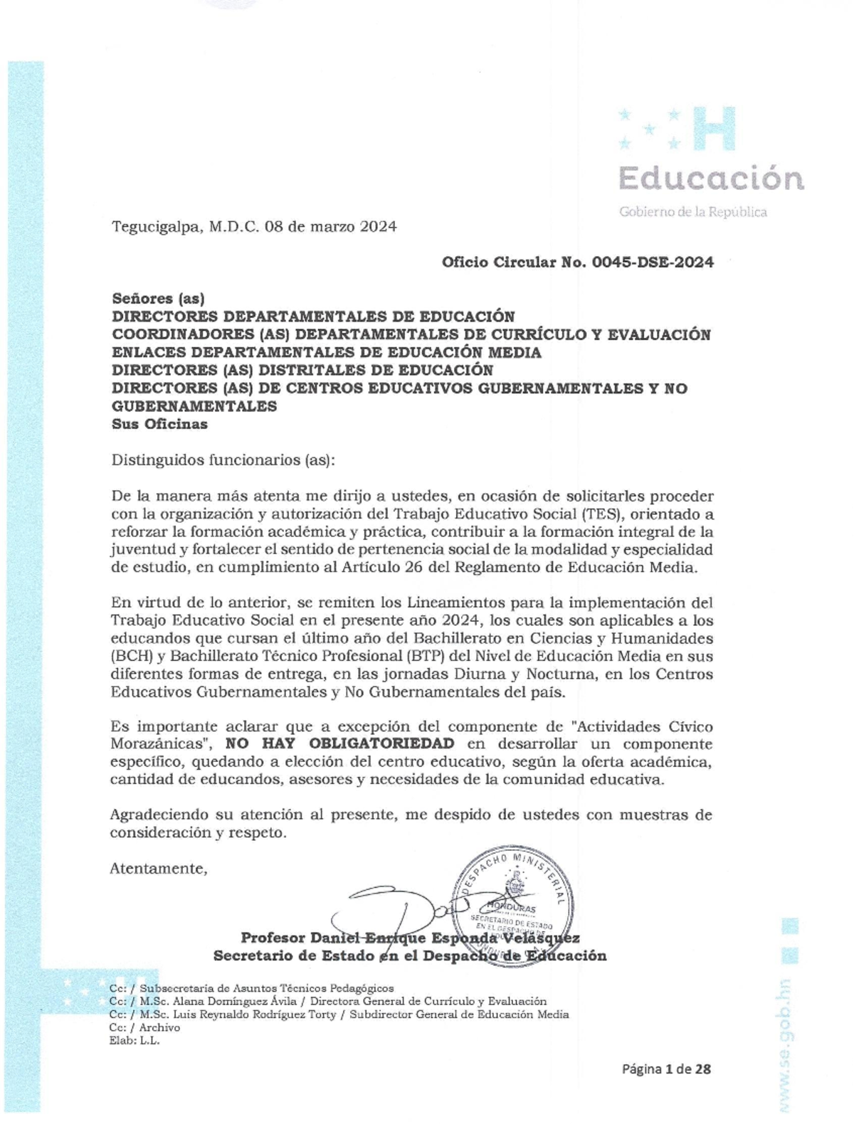 Oficio Circular 0045-DSE-24 DDE solicitud de proceder con la ...