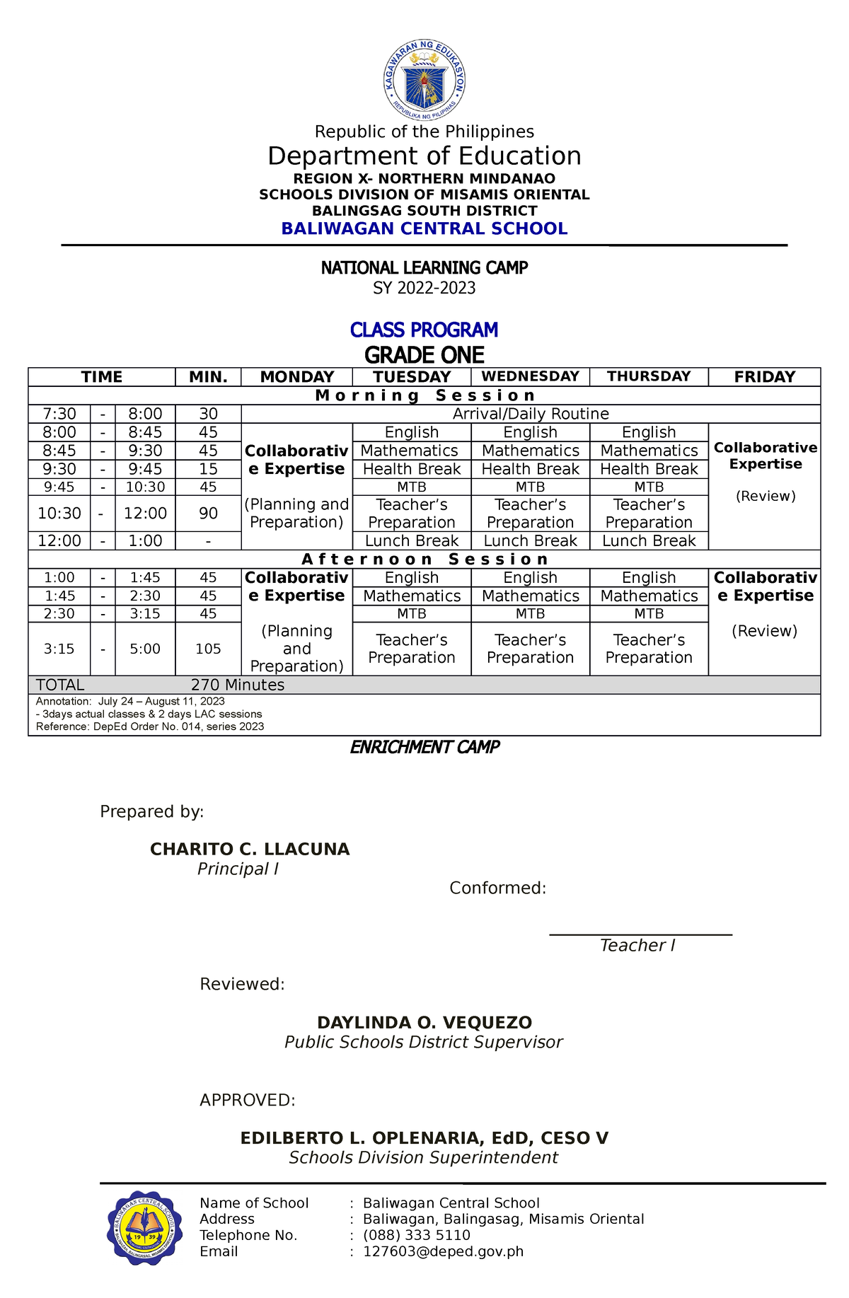 NLC Class Program G1 G3 Final Republic of the Philippines Department