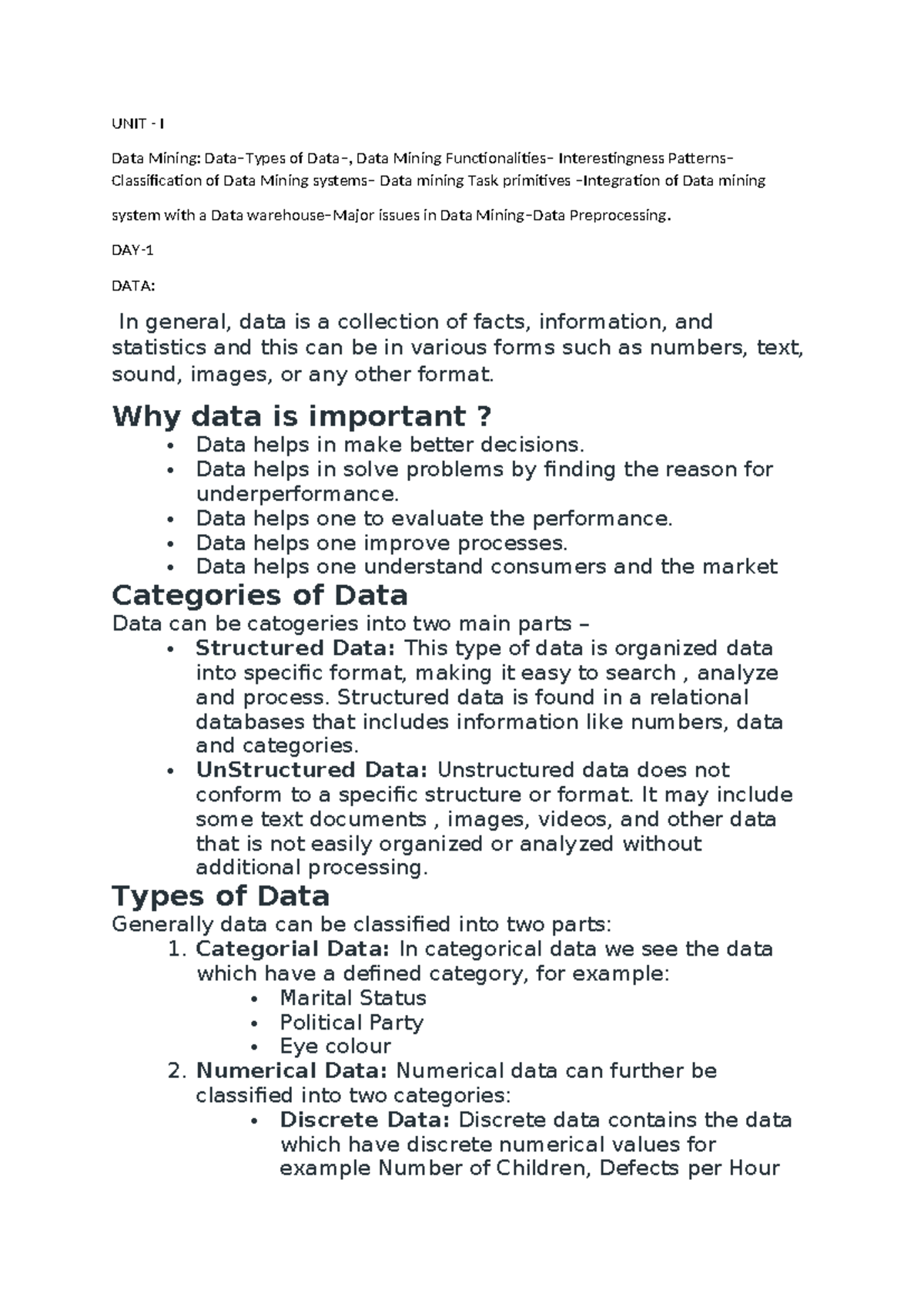 Unit-1 - please provide valuble material - UNIT - I Data Mining: Data ...