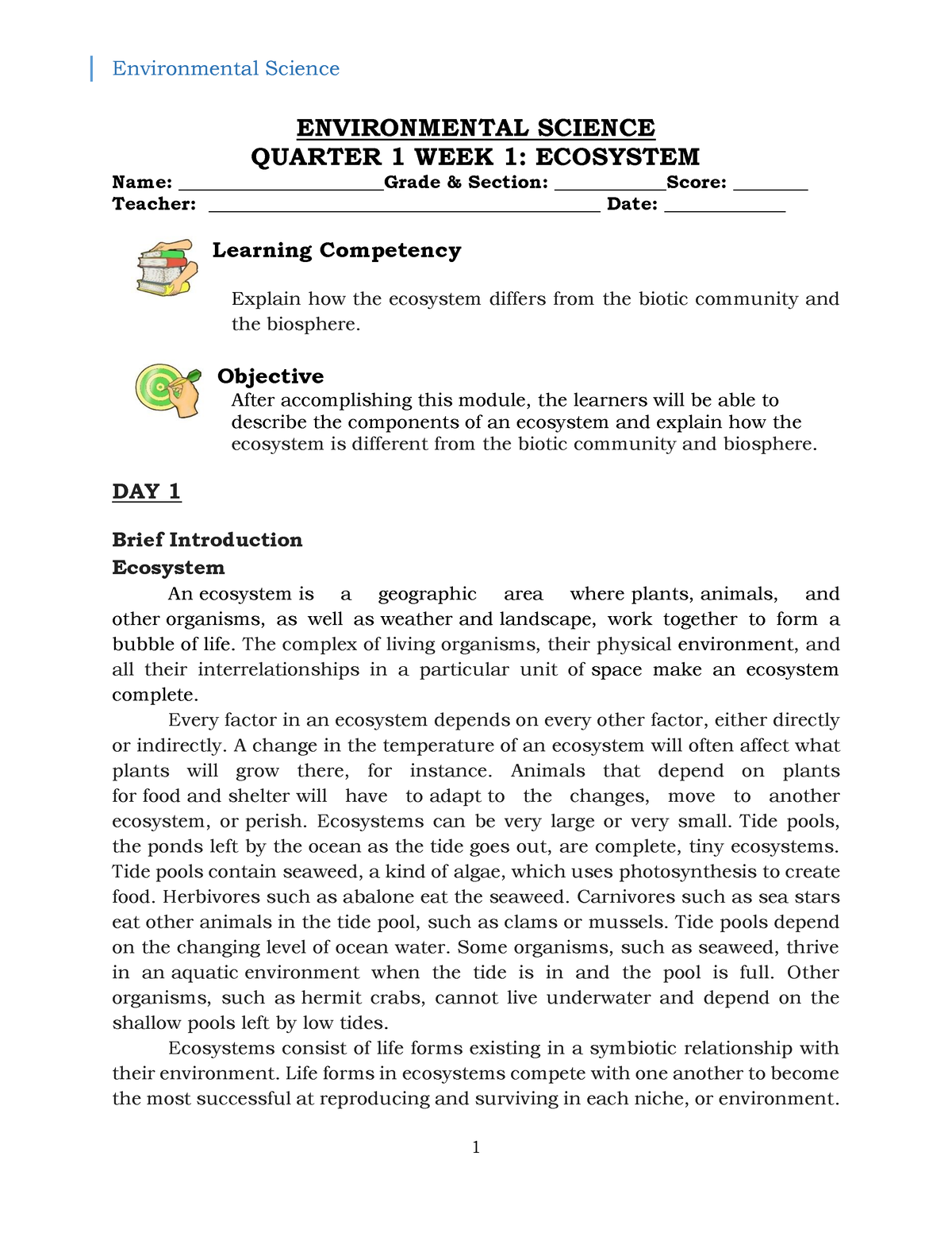 Q1 W1 ENVI-SCI Ecosystem - ENVIRONMENTAL SCIENCE QUARTER 1 WEEK 1 ...