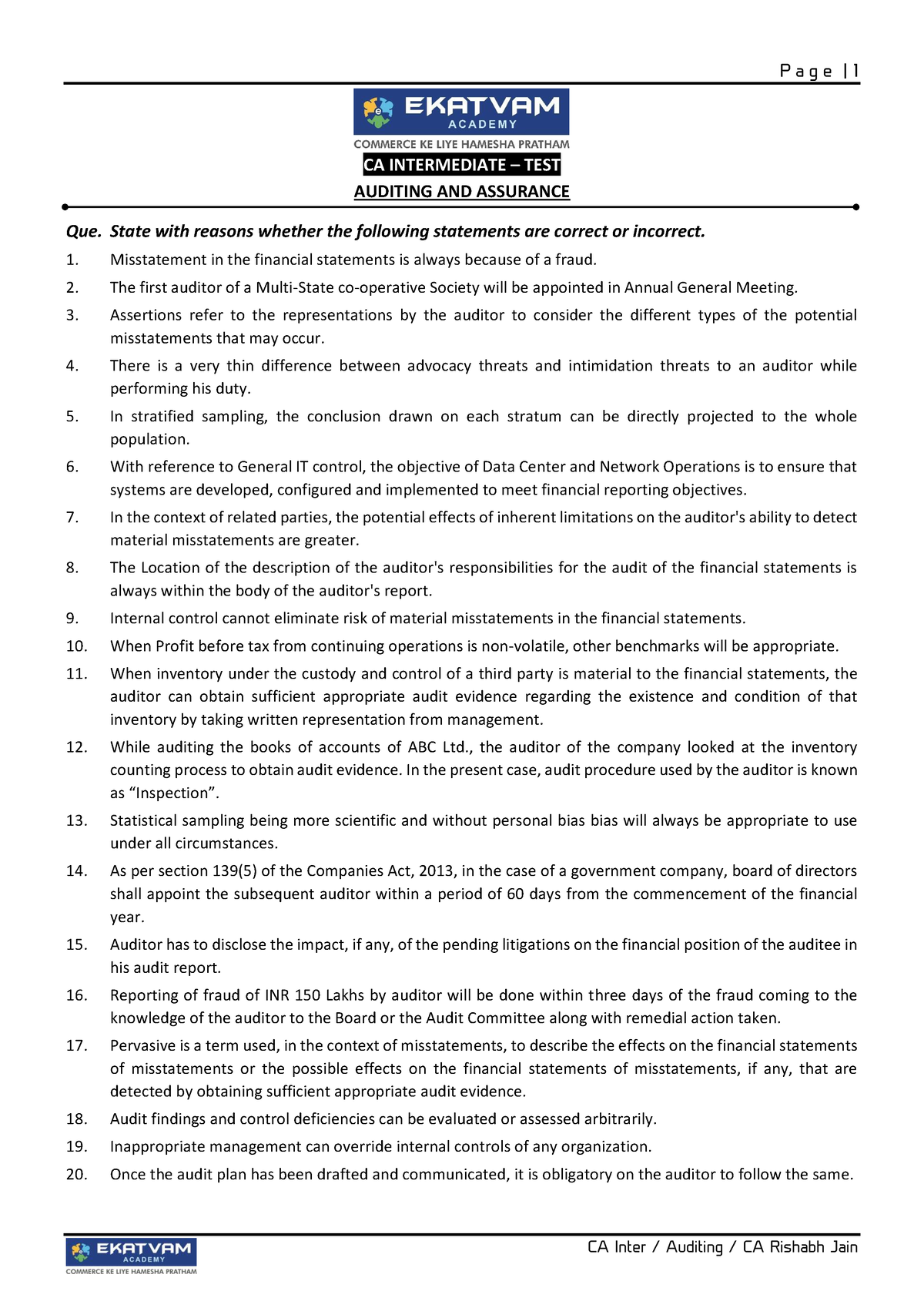 Audit Correct Incorrect Compilation - CA INTERMEDIATE – TEST AUDITING ...