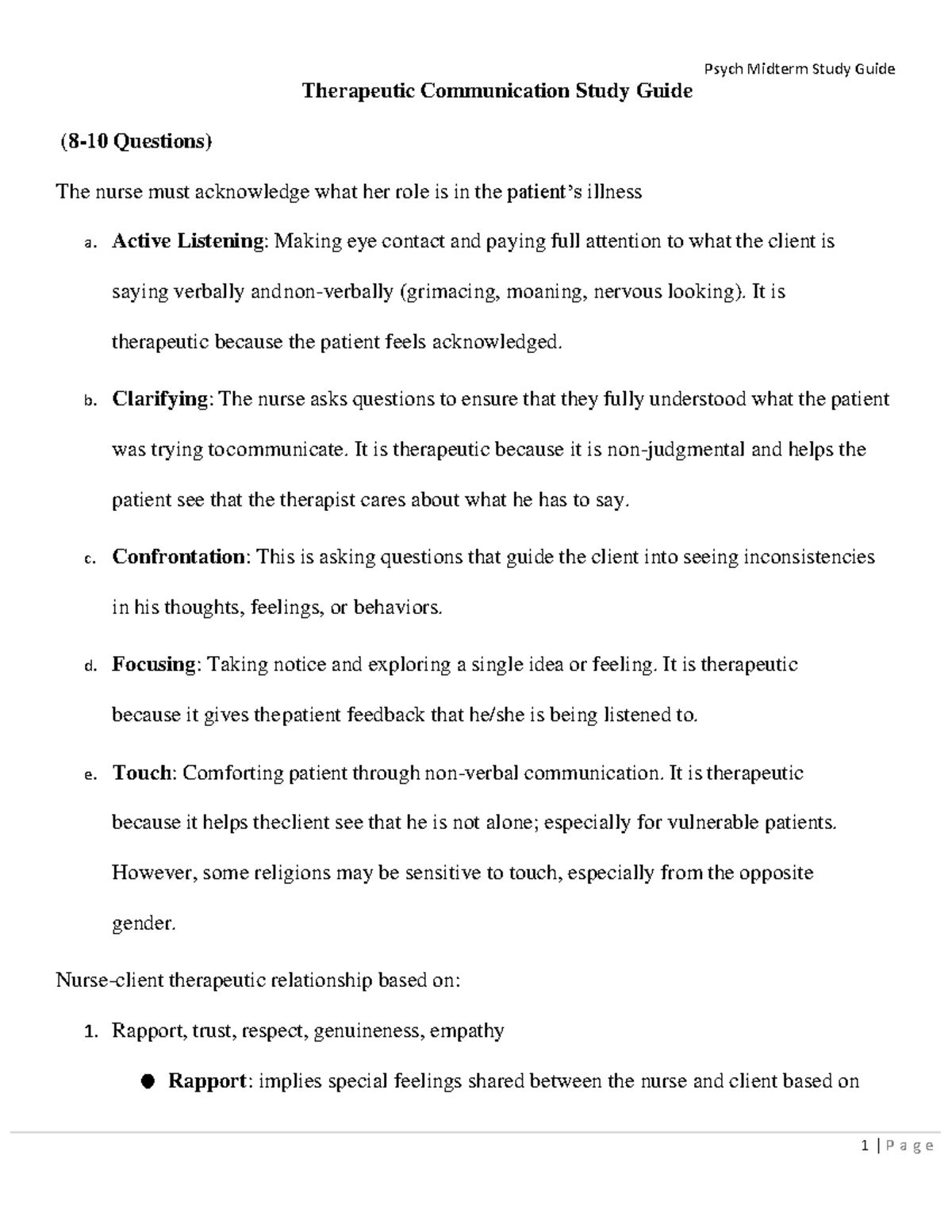Therapeutic Communication Study Guide - Active Listening: Making eye ...