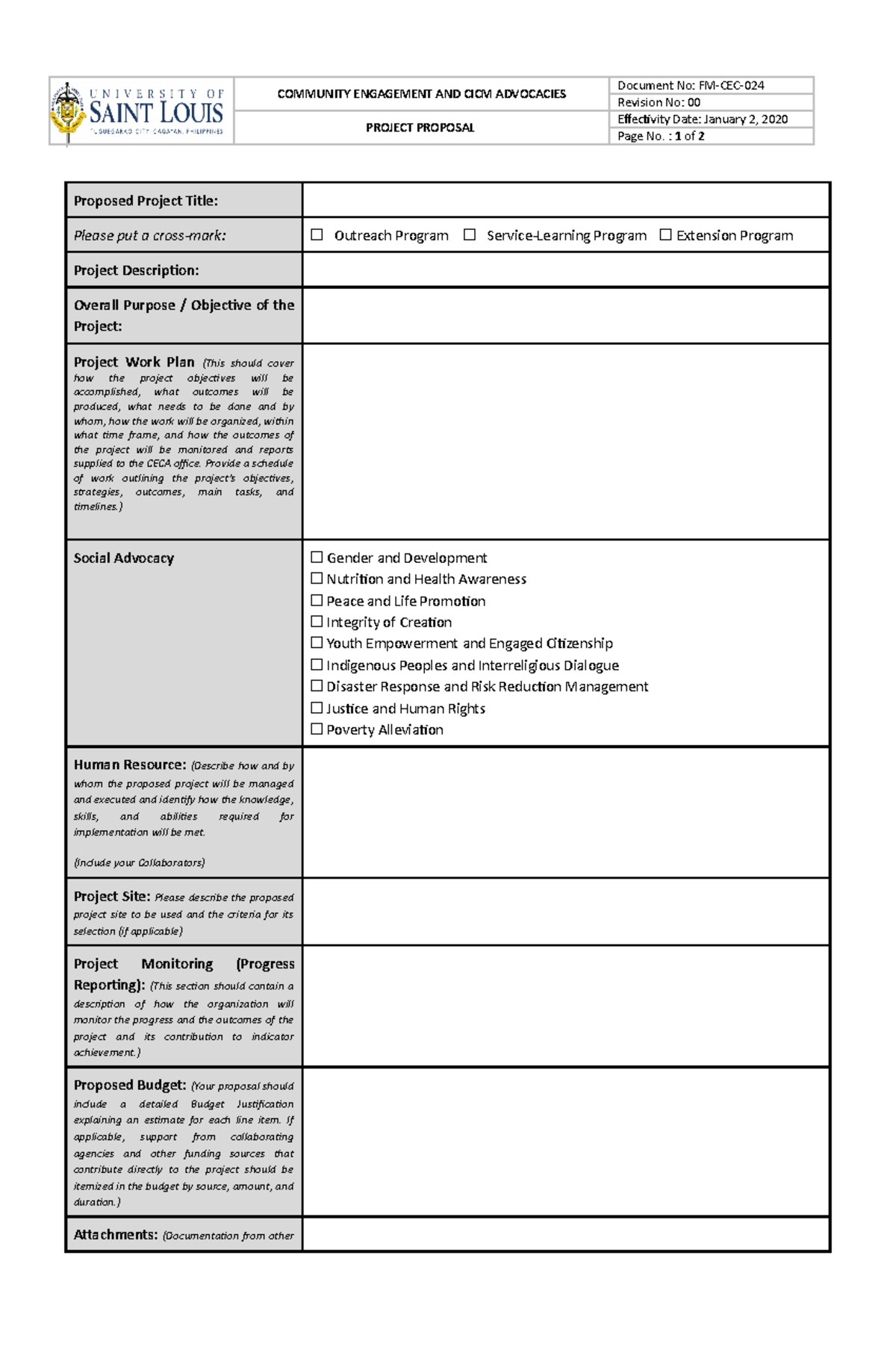 Fm Cec 024 Project Proposal - Community Engagement And Cicm Advocacies 