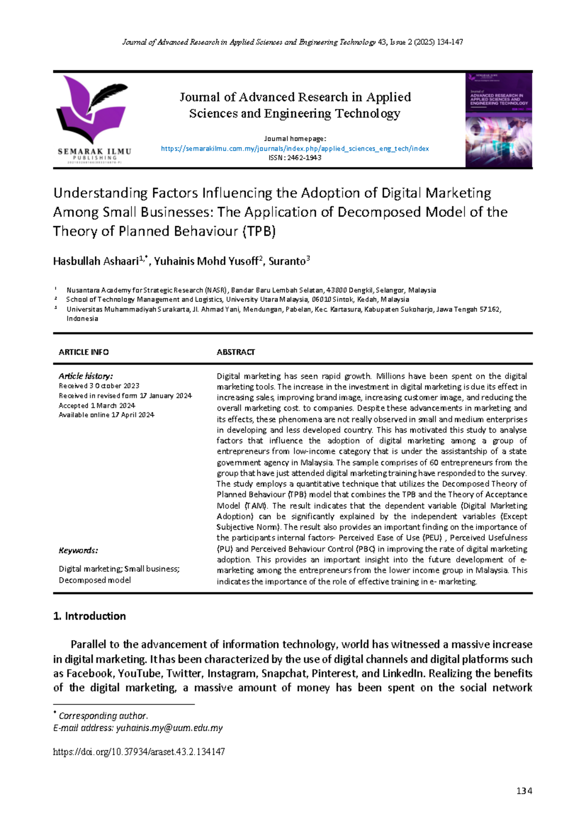 Arasetv 43 N2 PP134 147 - gaaa - Journal of Advanced Research in ...