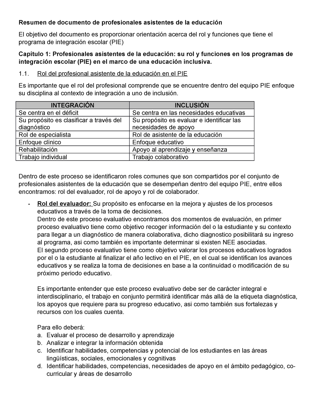 Resumen De Documento De Profesionales Asistentes De La Educación - Rol ...