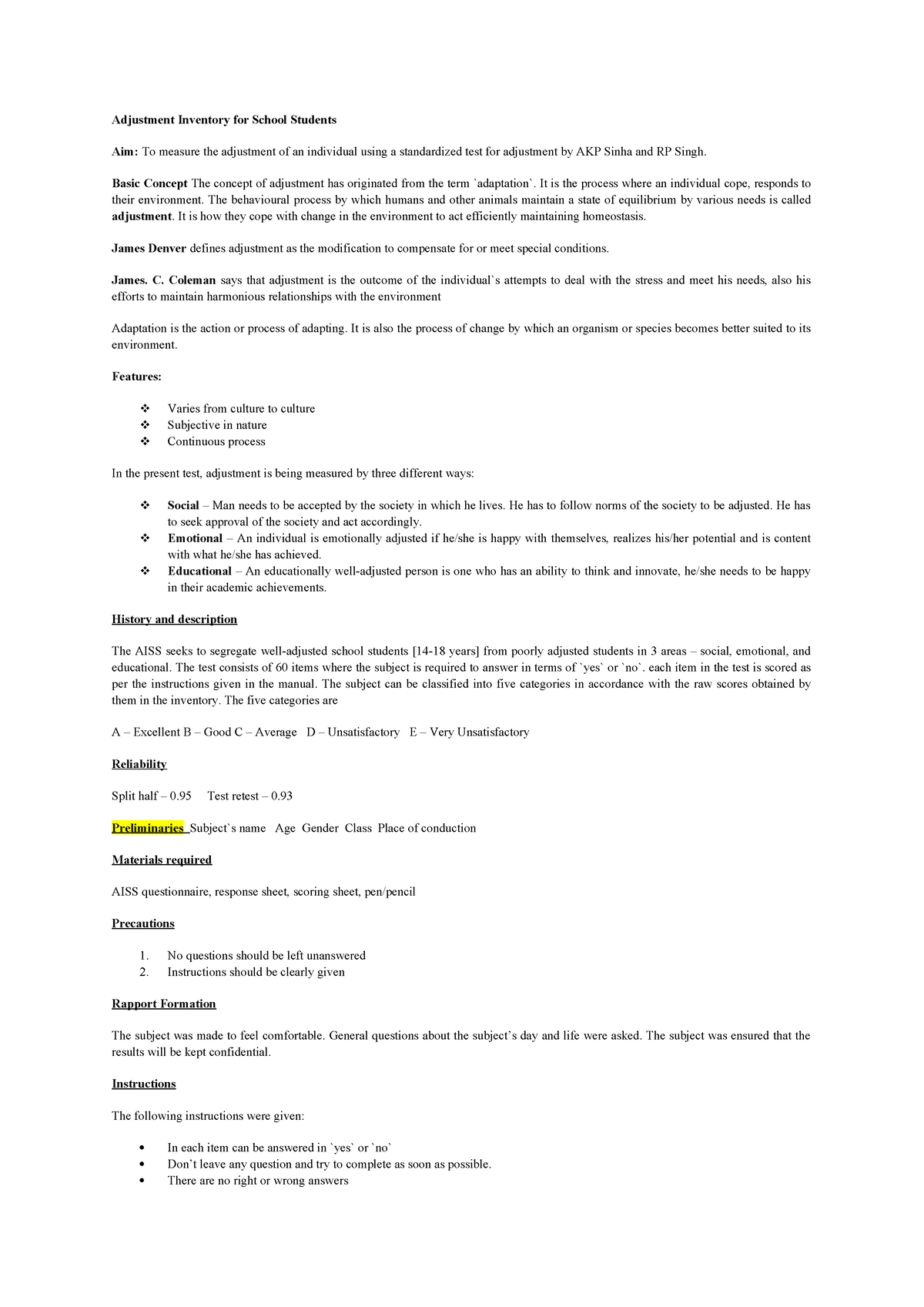 AISS - AISS MODEL - Adjustment Inventory for School Students Aim: To ...