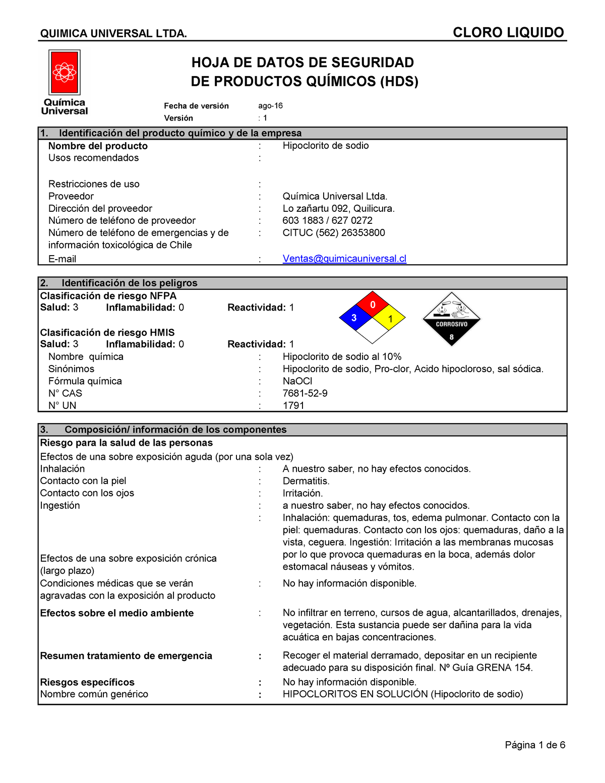 Ficha Técnica Cloro 1 Hipoclorito De Sodio Química Universal Ltda Lo Zañartu 092