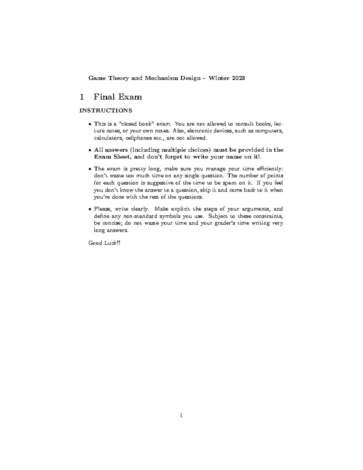 GT2023 final - Game Theory and Mechanism Design – Winter 2023 1 Final ...