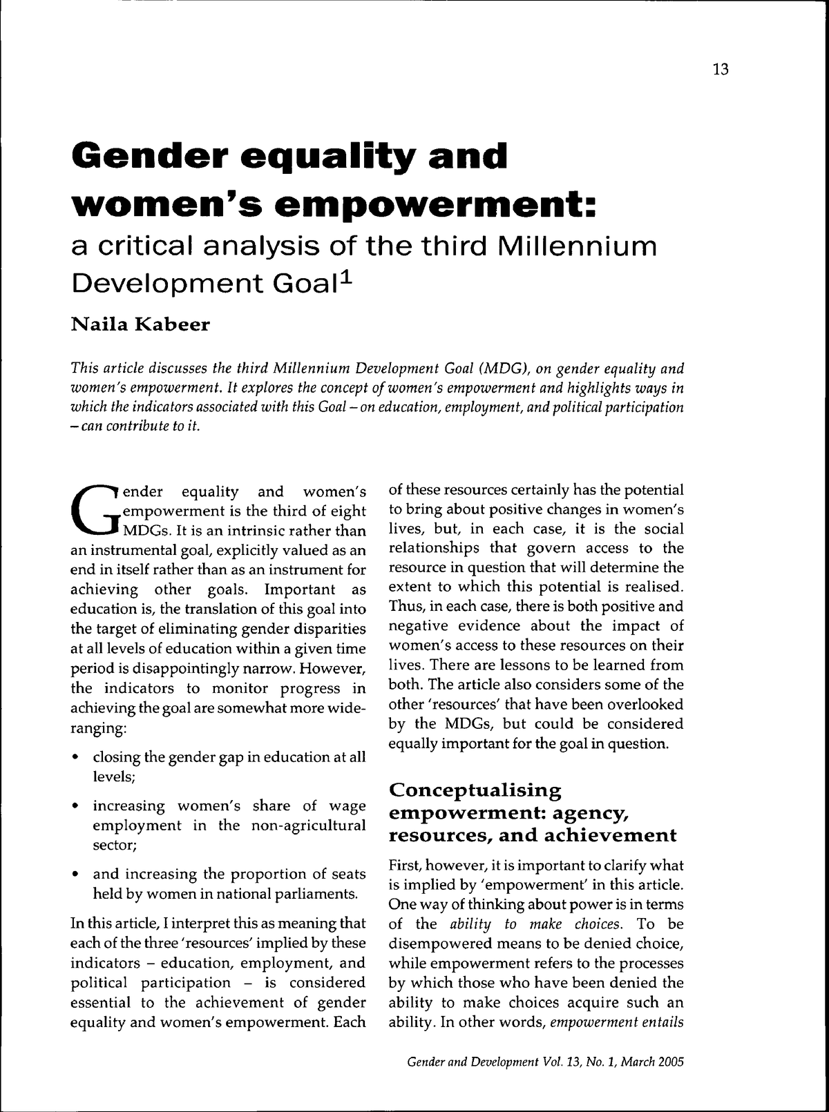 Kabeer 2005 - 13 Gender Equality And Women's Empowerment: A Critical ...