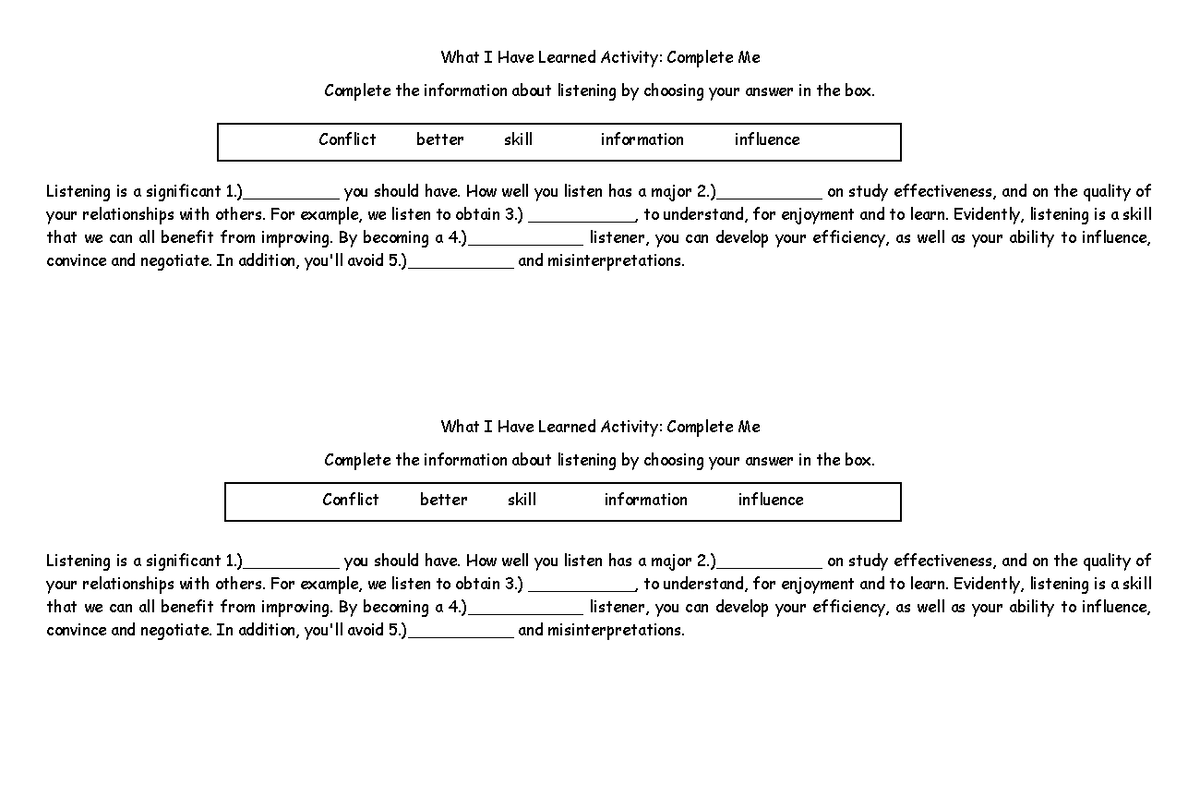 What I Have Learned Activity Listening Is A Significant 1