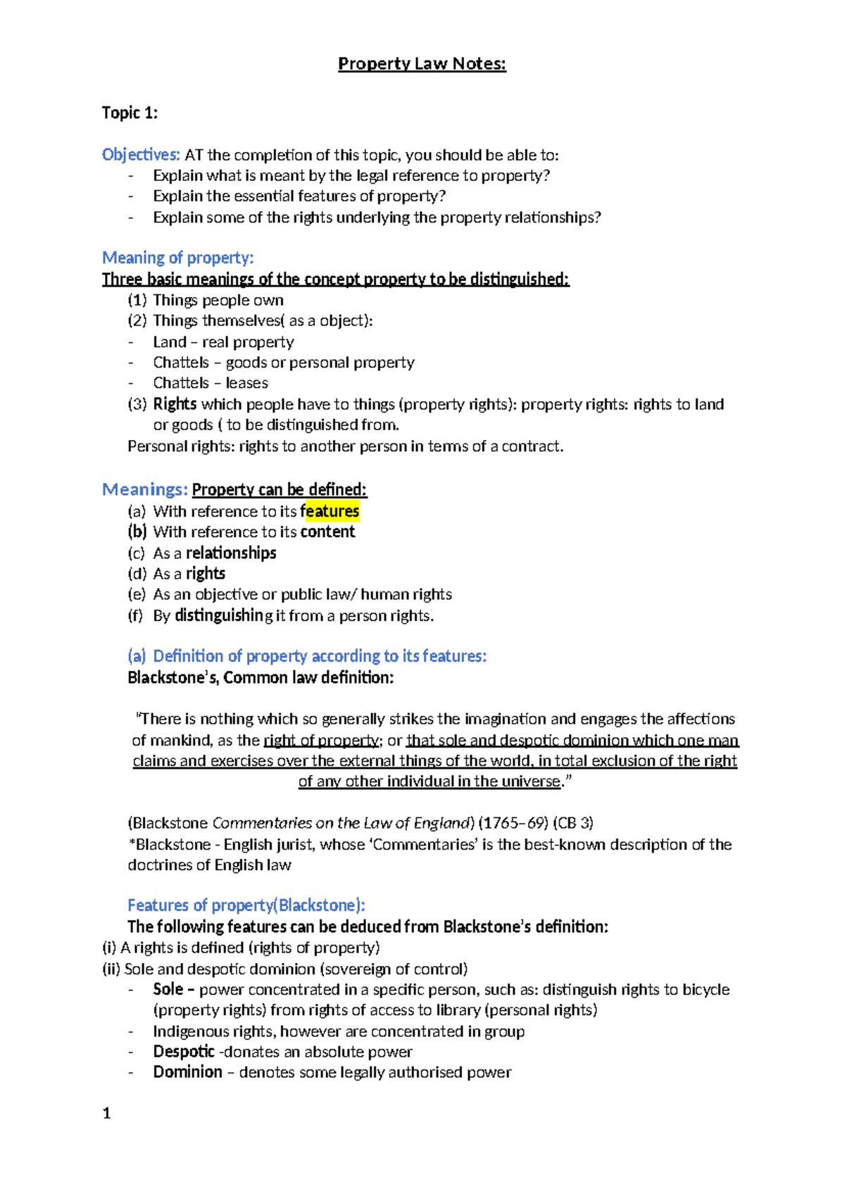 Property Law Notes - Topic 1: Objectives: AT the completion of this ...