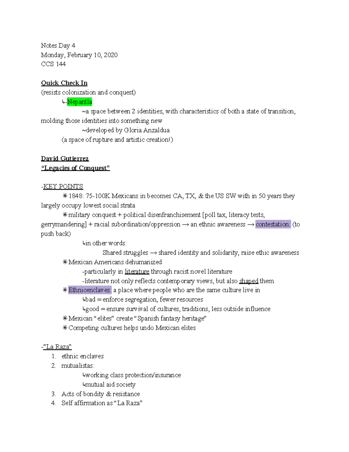 Notes Day 4 CCS 144 - Notes Day 4 Monday, February 10, 2020 CCS 144 ...