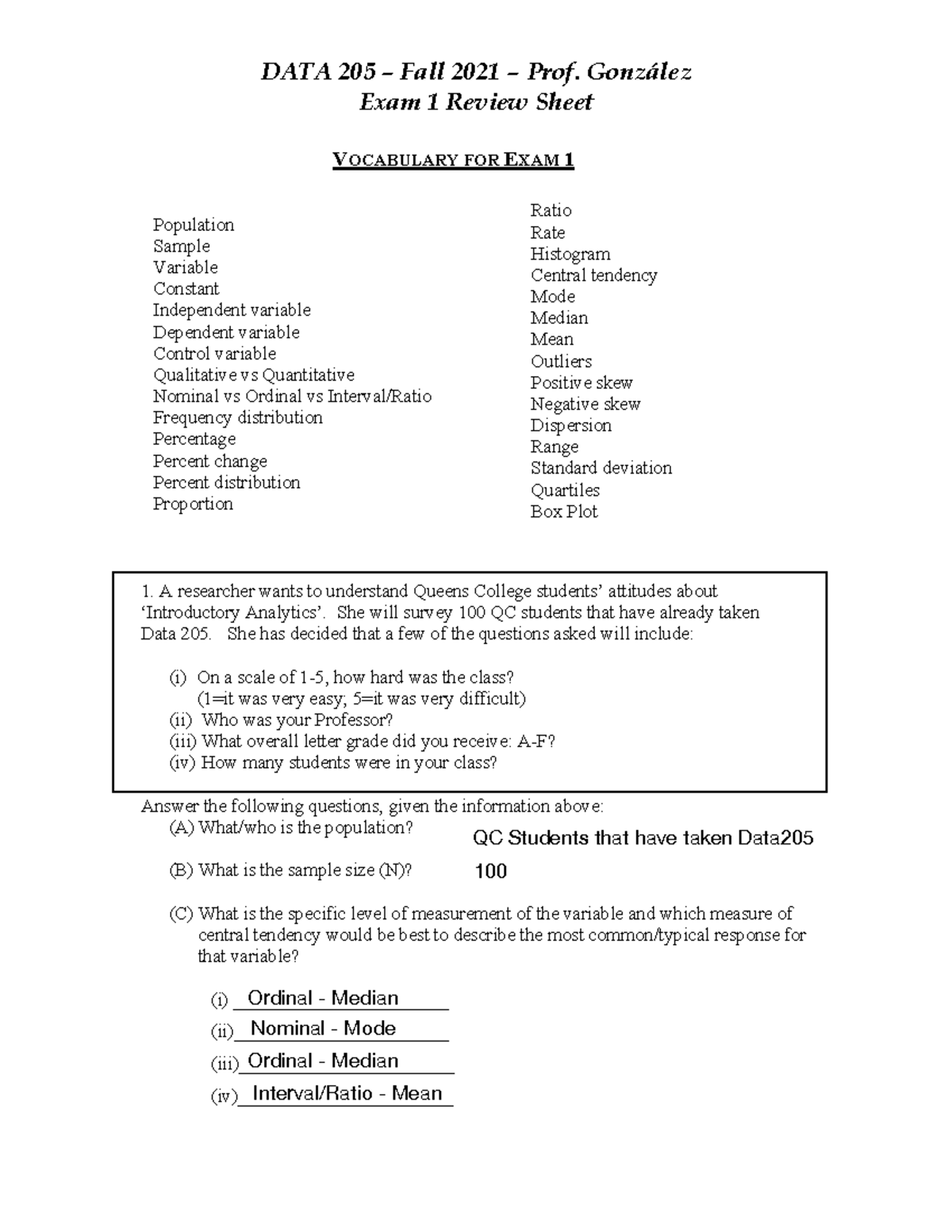 Review Sheet Exam 1 DATA 205 DATA 205 Fall 2021 Prof