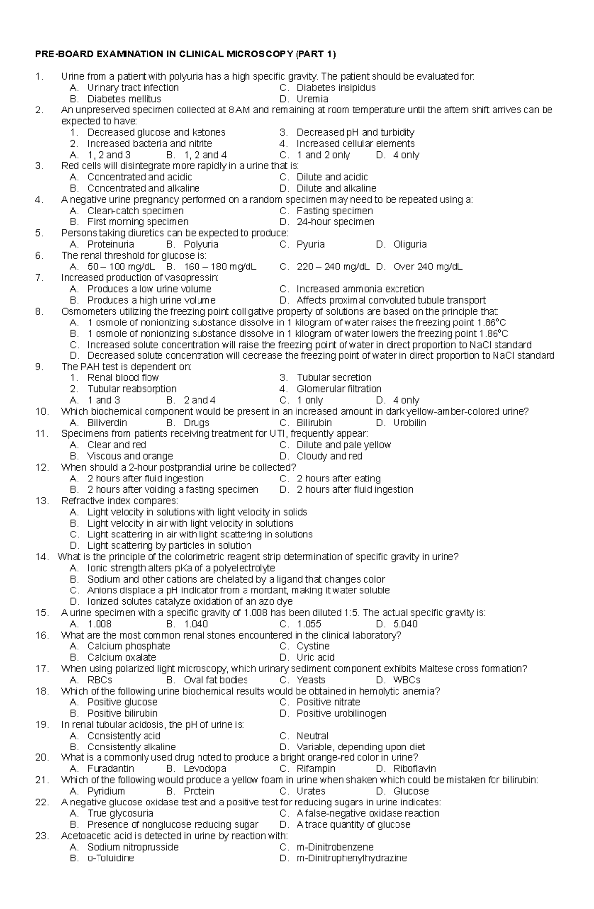 Clinical Microscopy - PRE-BOARD EXAMINATION IN CLINICAL MICROSCOPY ...