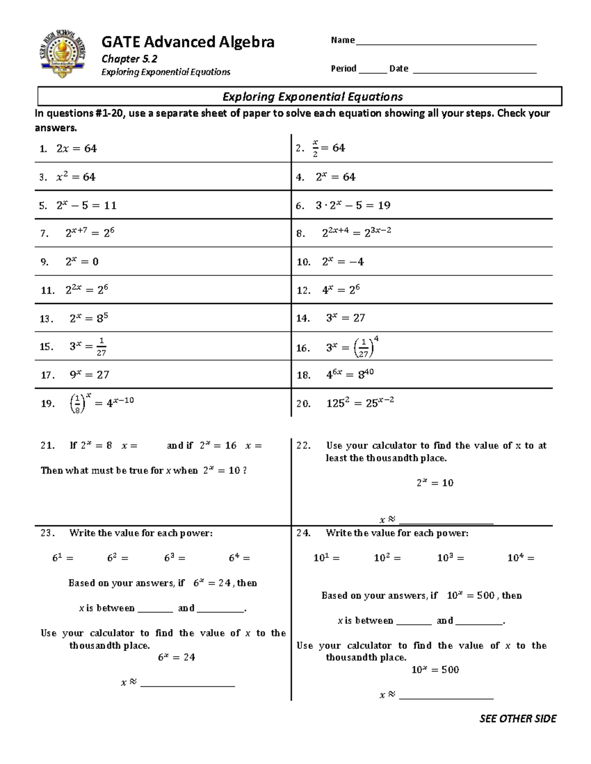 5.2 Gate Exploring Exponential Equations Lhs - Gate Advanced Algebra 