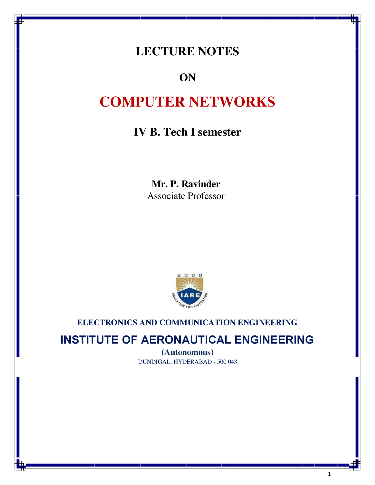 Computer Network Lecture Notes For Course Cs 311 - LECTURE NOTES ON ...