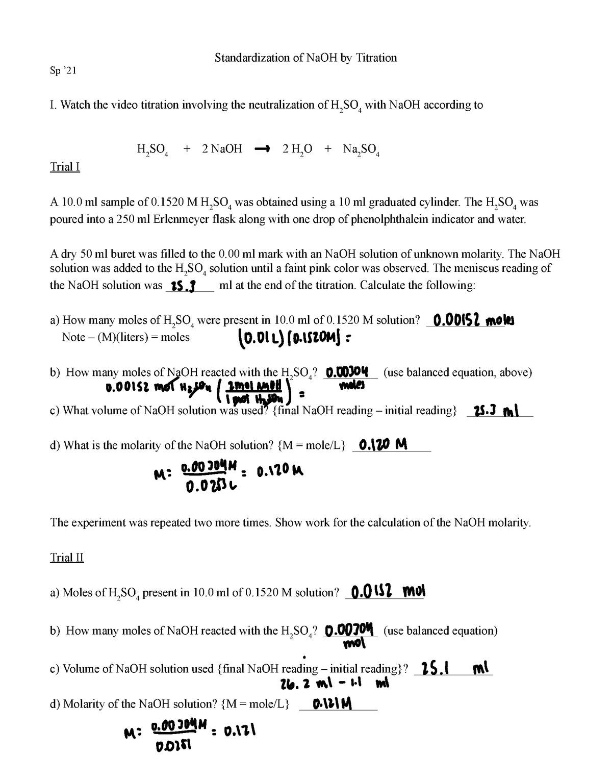 13. Na OH Titration - homework - Standardization of NaOH by Titration ...