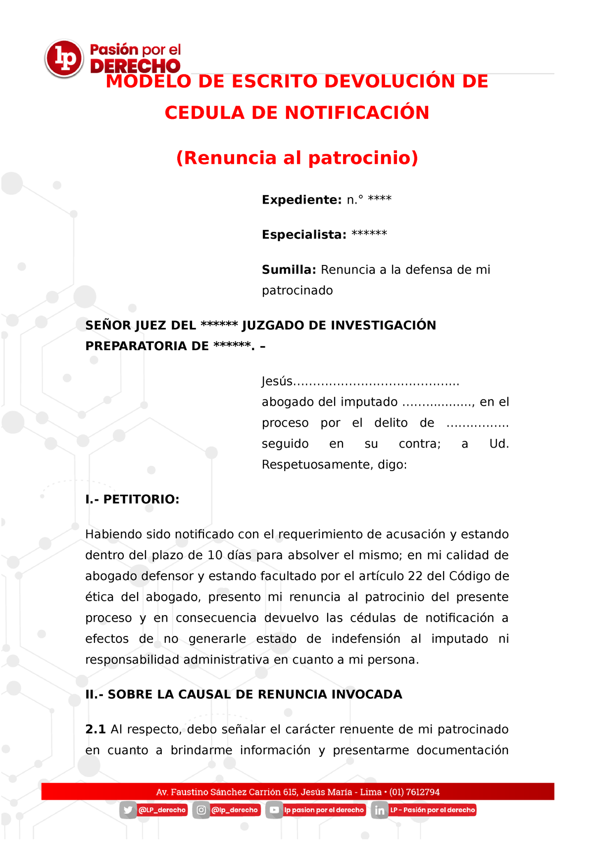 Modelo renunciaal patrocinio - MODELO DE ESCRITO DEVOLUCIÓN DE CEDULA DE  NOTIFICACIÓN (Renuncia al - Studocu