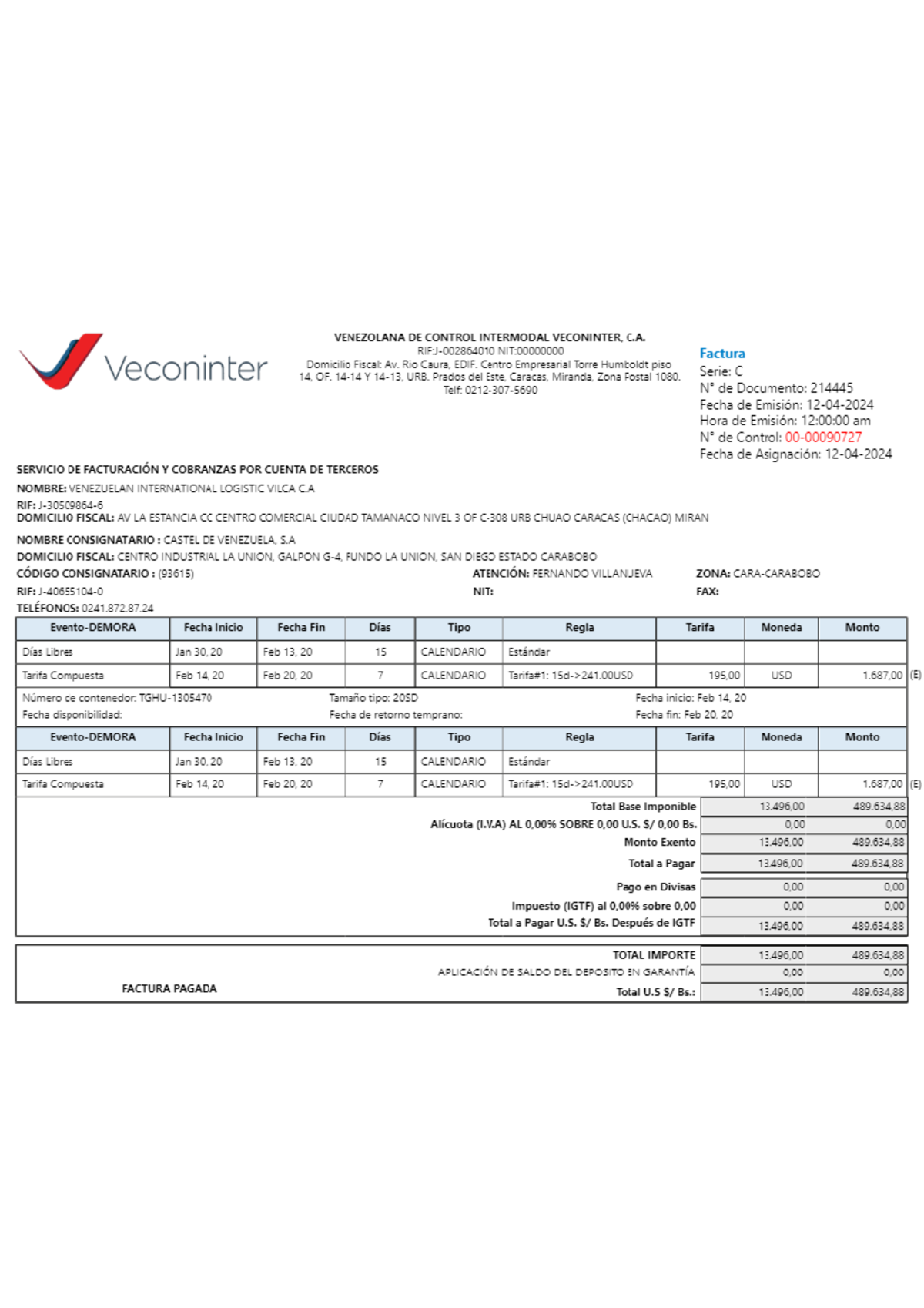 Factura - VENEZOLANA DE CONTROL INTERMODAL VECONINTER, C. Factura ...