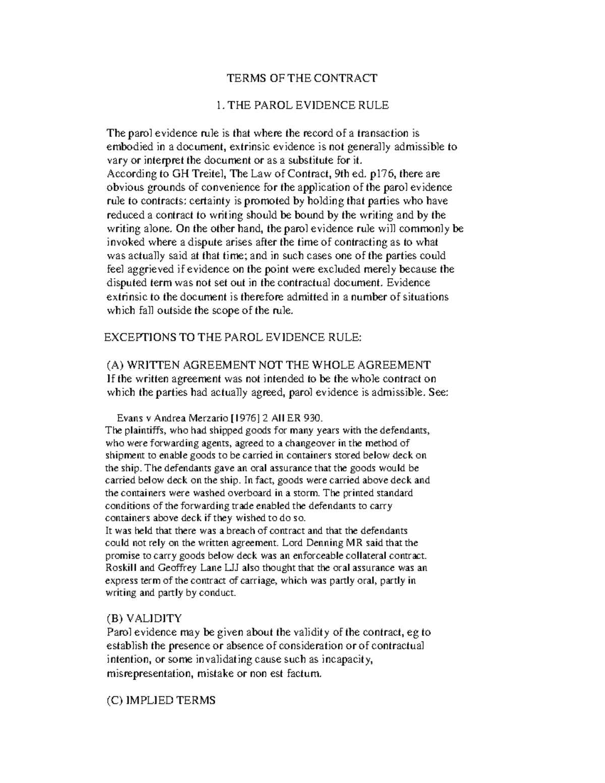 Terms Of Contract TERMS OF THE CONTRACT 1 THE PAROL EVIDENCE RULE