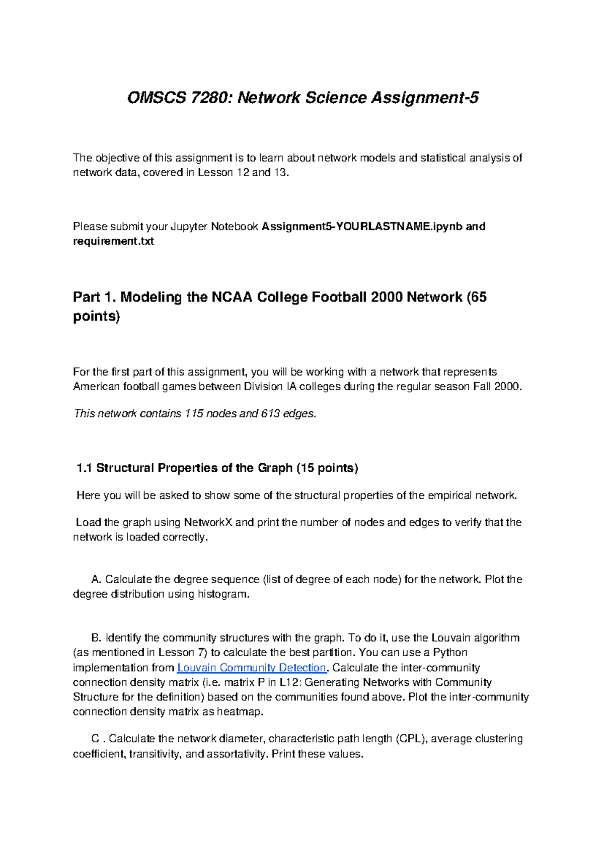 Assignment 5 OMSCS 7280 Network Science Assignment The objective of