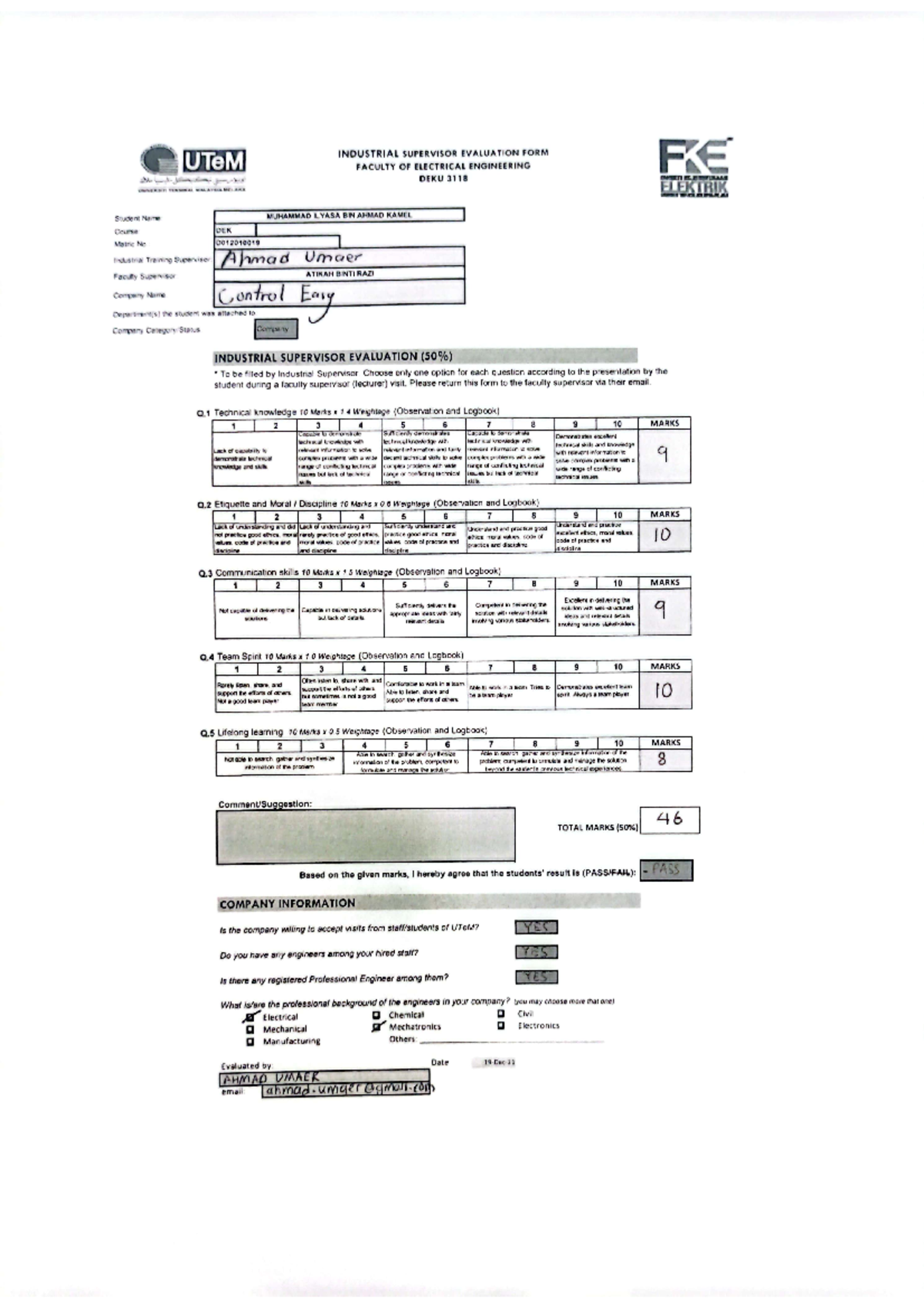Supervisor evaluation reply form - Electrical System - Studocu