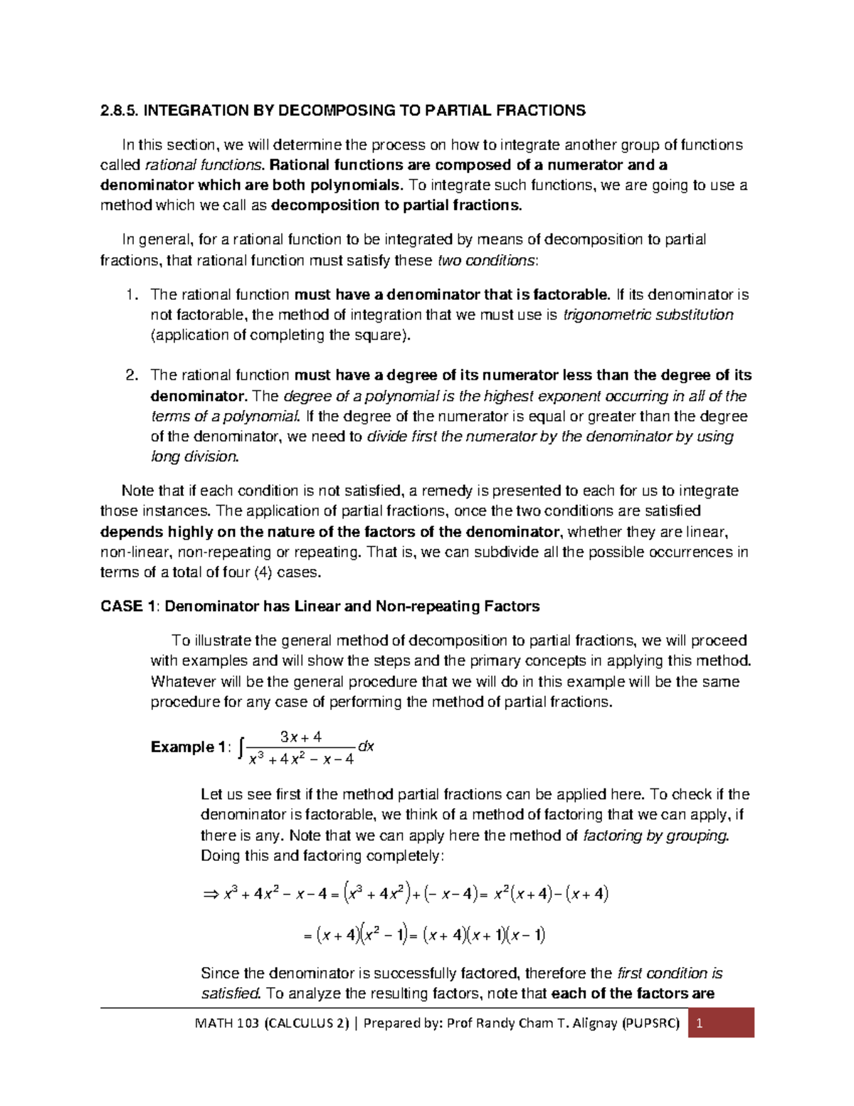 2.8.5 Integration by Decomposing to Partial Fractions - 2 .8 ...