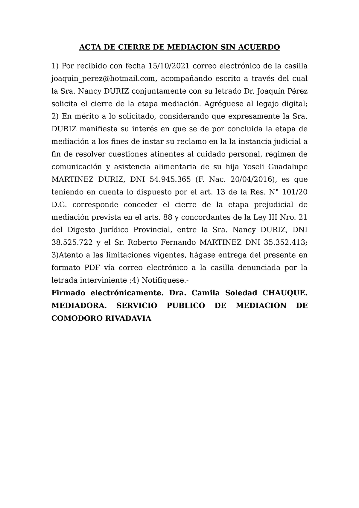 ACTA DE Cierre DE Mediacion SIN Acuerdo - ACTA DE CIERRE DE MEDIACION SIN  ACUERDO Por recibido con - Studocu