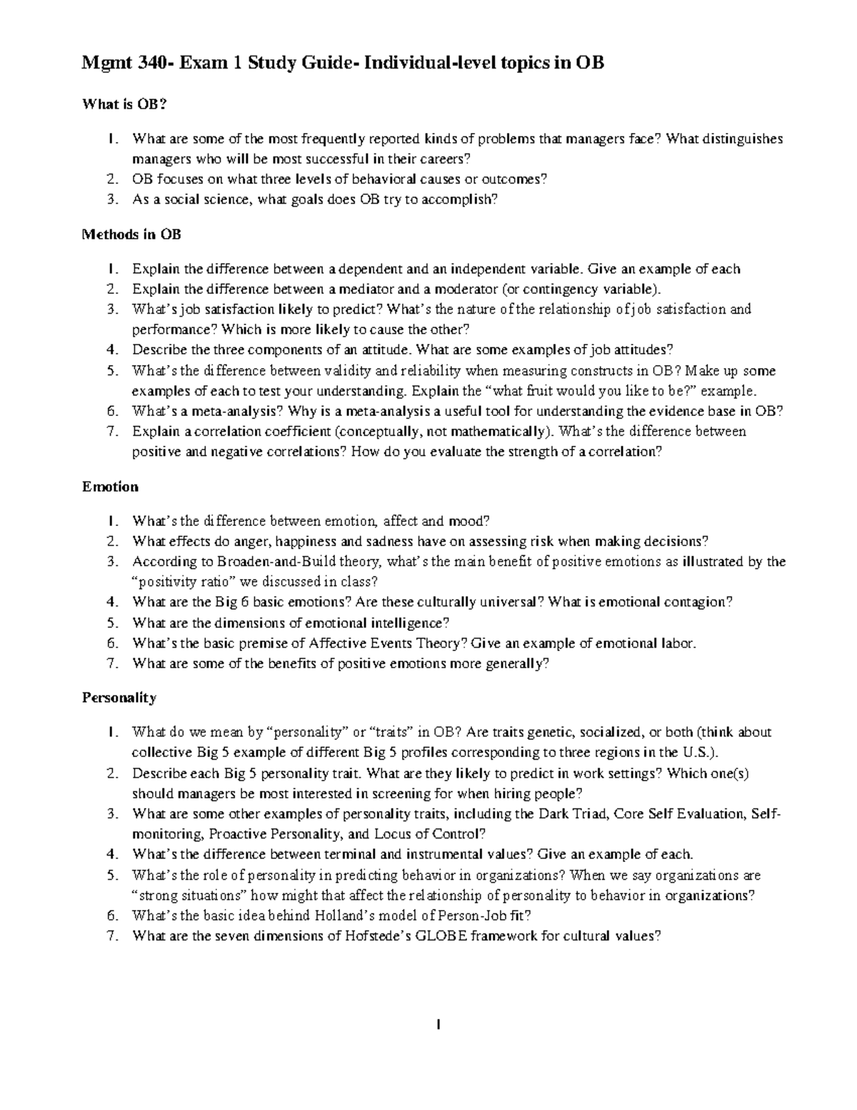 Exam 1 Study Guide - What's Needed For Exam 1 - Mgmt 340- Exam 1 Study ...