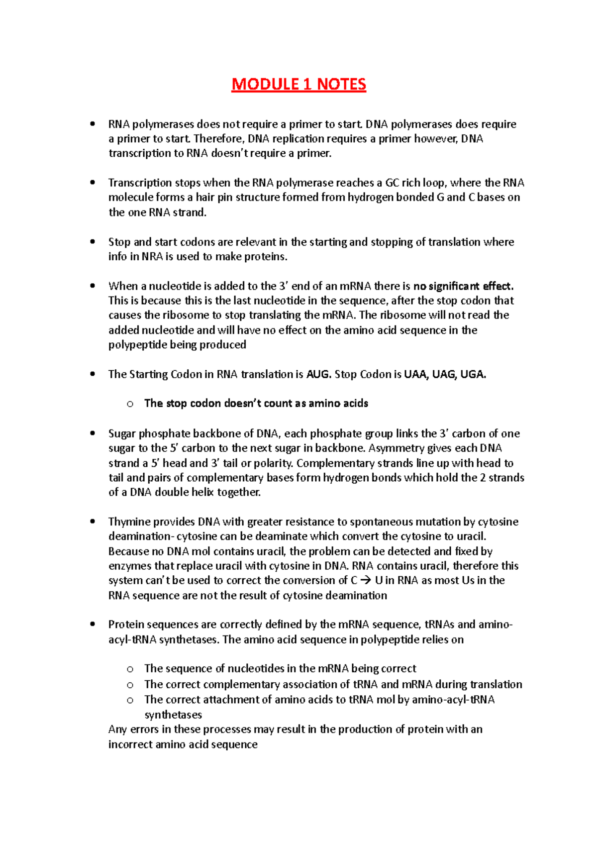 Notes of questions - MODULE 1 NOTES RNA polymerases does not require a ...