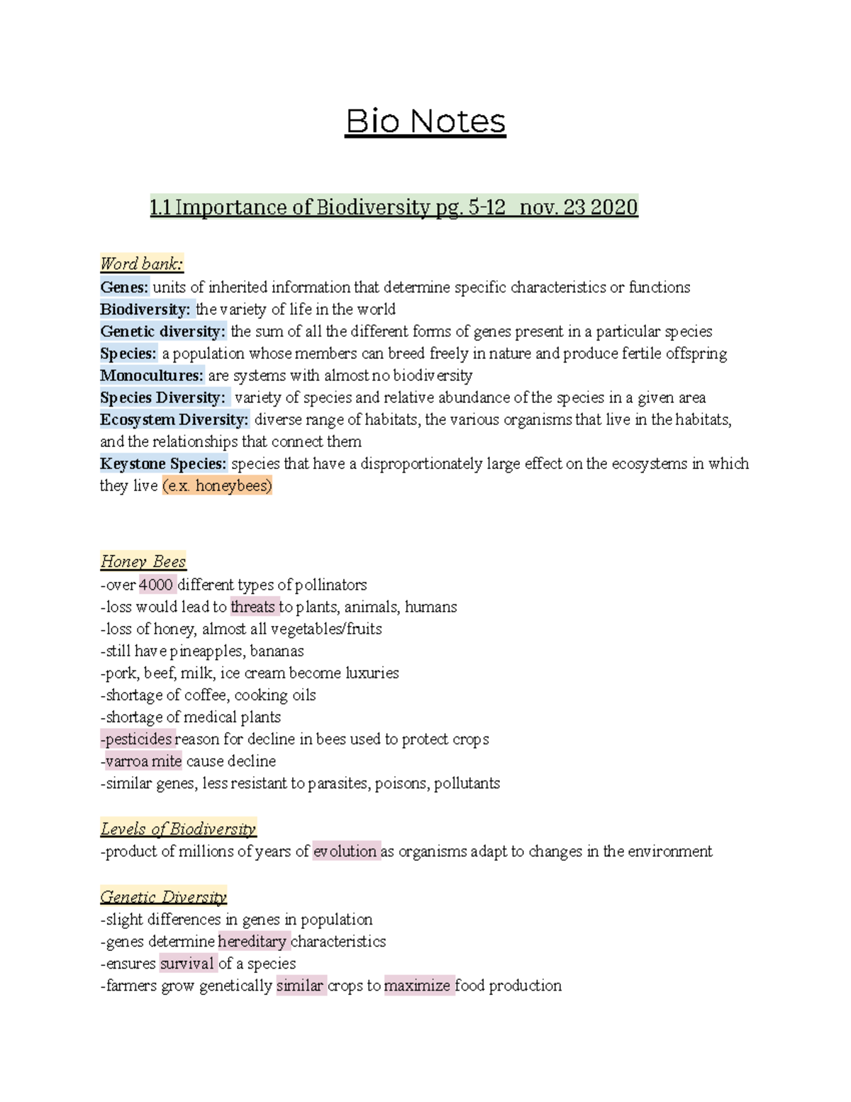 Bio notes - Bio Notes 1 Importance of Biodiversity pg. 5-12 nov. 23 ...