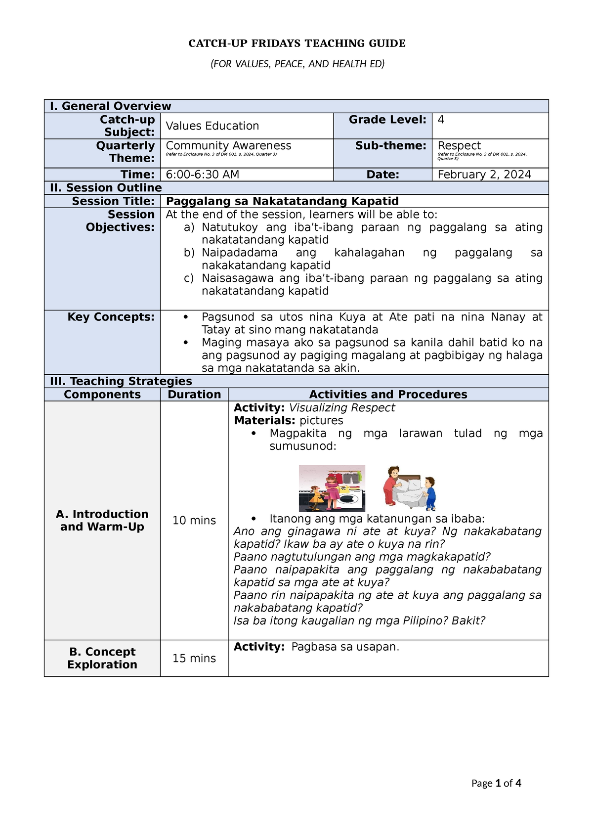 Grade 4 Values ED CatchUP Friday (FOR VALUES, PEACE, AND HEALTH ED